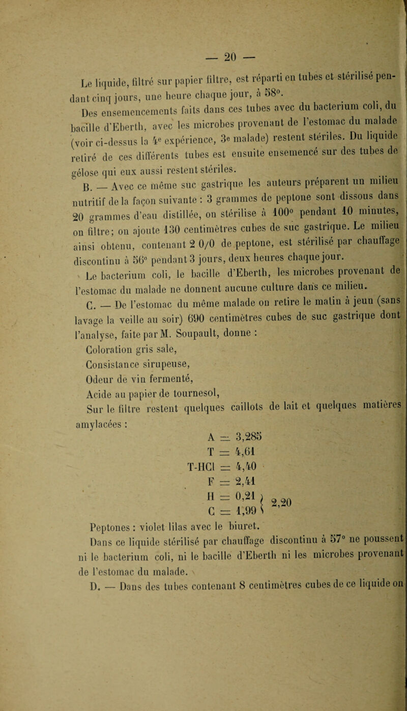 1 — 20 — Le liquide, filtré sur papier filtre, est réparti en tubes et stérilisé pen- j dant cinq jours, une heure chaque jour, a 58°. Des ensemencements faits dans ces tubes avec du bacterium col., du bacille d'Eberfh. avec les microbes provenant de l’estomac du malade . (voir ci-dessus la 4° expérience, 3e malade) restent stériles. Du liquide retiré de ces différents tubes est ensuite ensemencé sur des tubes de gélose qui eux aussi restent stériles. g _Avec ce même suc gastrique les auteurs préparent un milieu nutritif delà façon suivante : 3 grammes de peptone sont dissous dans 20 grammes d’eau distillée, on stérilise à 100° pendant 10 minutes, on filtre; on ajoute 130 centimètres cubes de suc gastrique. Le milieu ainsi obtenu, contenant 2 0/0 de peptone, est stérilisé par chauffage discontinu à 56° pendant 3 jours, deux heures chaque jour. Le bacterium coli, le bacille d’Eberth, les microbes provenant de l’estomac du malade ne donnent aucune culture dans ce milieu. G. — De l’estomac du même malade on retire le matin à jeun (sans lavage la veille au soir) 690 centimètres cubes de suc gastrique dont l’analyse, faite par M. Soupault, donne : Coloration gris sale, Consistance sirupeuse, Odeur de vin fermenté, Acide au papier de tournesol, Sur le filtre restent quelques caillots de lait et quelques matières amylacées : A 3,285 T = 4,61 T-HCl = 4,40 F zz 2,41 H zz 0,21 ) 9 C =z 1,99 S Peptones : violet lilas avec le biuret. Dans ce liquide stérilisé par chauffage discontinu à 5/° ne poussent ni le bacterium coli, ni le bacille d’Eberth ni les microbes provenant de l’estomac, du malade. \ D. — Dans des tubes contenant 8 centimètres cubes de ce liquide on