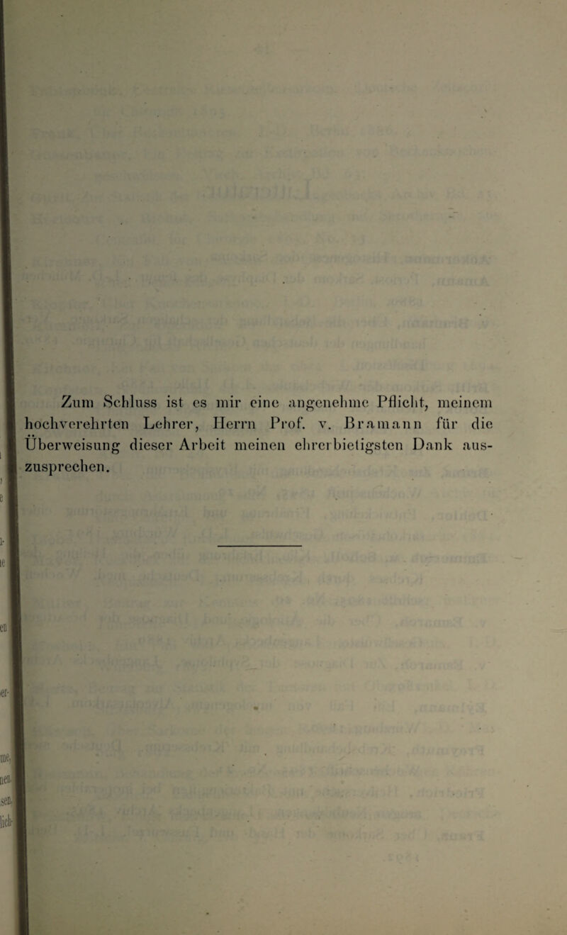 Zum Schluss ist cs mir eine angenehme Pflicht, meinem hochverehrten Lehrer, Herrn Prof. v. Bram an n für die Überweisung dieser Arbeit meinen ehrerbietigsten Dank aus-