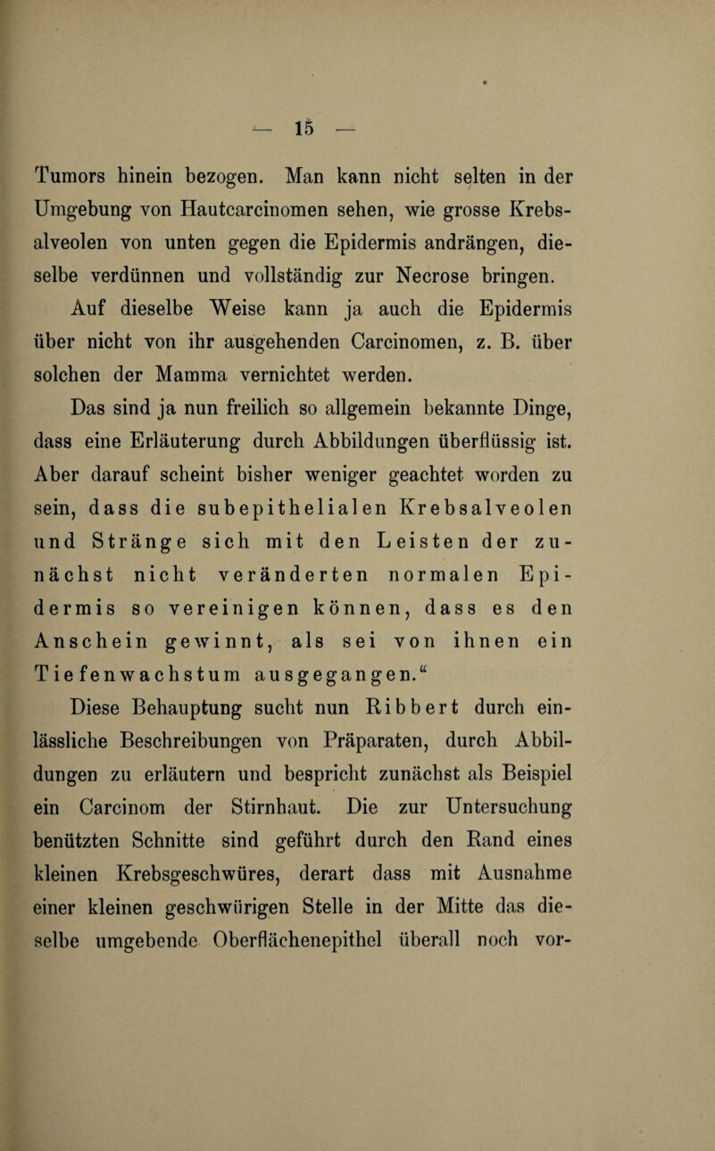Tumors hinein bezogen. Man kann nicht selten in der Umgebung von Hautcarcinomen sehen, wie grosse Krebs¬ alveolen von unten gegen die Epidermis andrängen, die¬ selbe verdünnen und vollständig zur Necrose bringen. Auf dieselbe Weise kann ja auch die Epidermis über nicht von ihr ausgehenden Carcinomen, z. B. über solchen der Mamma vernichtet werden. Das sind ja nun freilich so allgemein bekannte Dinge, dass eine Erläuterung durch Abbildungen überflüssig ist. Aber darauf scheint bisher weniger geachtet worden zu sein, dass die subepithelialen Krebsalveolen und Stränge sich mit den Leisten der zu¬ nächst nicht veränderten normalen Epi¬ dermis so vereinigen können, dass es den Anschein gewinnt, als sei von ihnen ein Tiefenwachstum ausgegangen.“ Diese Behauptung sucht nun Ribbert durch ein¬ lässliche Beschreibungen von Präparaten, durch Abbil¬ dungen zu erläutern und bespricht zunächst als Beispiel ein Carcinom der Stirnhaut. Die zur Untersuchung benützten Schnitte sind geführt durch den Rand eines kleinen Krebsgeschwüres, derart dass mit Ausnahme einer kleinen geschwürigen Stelle in der Mitte das die¬ selbe umgebende Oberflächenepithel überall noch vor-