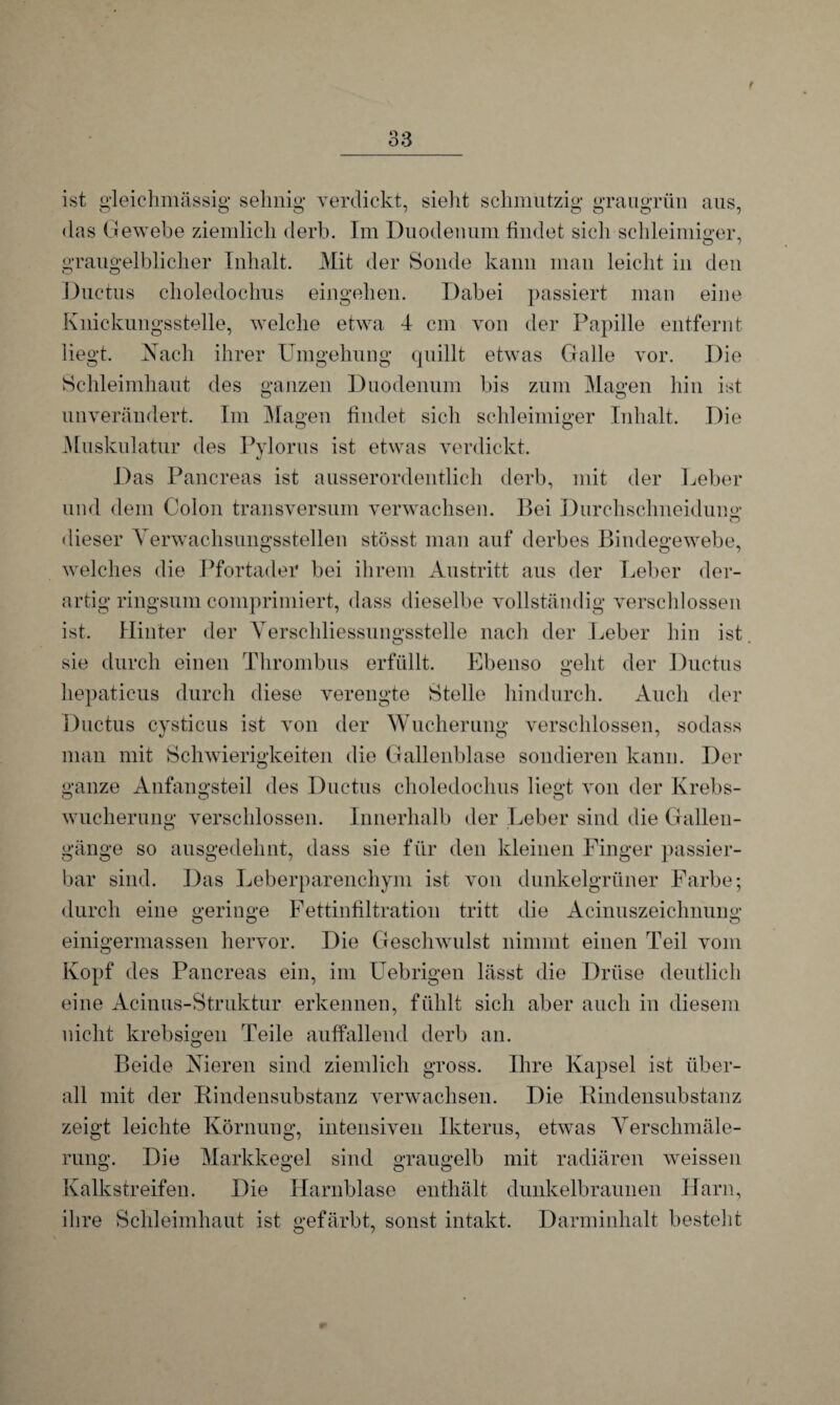 ist gleichmässig sehnig verdickt, sieht schmutzig graugrün aus, das Gewebe ziemlich derb. Im Duodenum findet sich schleimiger, o 1 graugelblicher Inhalt. Mit der Sonde kann man leicht in den Ductus choledoclms eingeh en. Dabei passiert man eine Knickungsstelle, welche etwa 4 cm von der Papille entfernt liegt. Nach ihrer Umgehung quillt etwas Galle vor. Die Schleimhaut des ganzen Duodenum bis zum Magen hin ist unverändert. Im Magen findet sich schleimiger Inhalt. Die Muskulatur des Pylorus ist etwas verdickt. Das Pancreas ist ausserordentlich derb, mit der Leber und dem Colon transversum verwachsen. Bei Durchschneidung dieser Yerwachsungsstellen stösst man auf derbes Bindegewebe, welches die Pfortader bei ihrem Austritt aus der Leber der¬ artig ringsum comprimiert, dass dieselbe vollständig verschlossen ist. Hinter der Verschliessungsstelle nach der Leber hin ist sie durch einen Thrombus erfüllt. Ebenso geht der Ductus liepaticus durch diese verengte Stelle hindurch. Auch der Ductus cysticus ist von der Wucherung verschlossen, sodass man mit Schwierigkeiten die Gallenblase sondieren kann. Der ganze Anfangsteil des Ductus choledoclms liegt von der Krebs¬ wucherung verschlossen. Innerhalb der Leber sind die Gallen¬ gänge so ausgedehnt, dass sie für den kleinen Finger passier¬ bar sind. Das Leberparenchym ist von dunkelgrüner Farbe; durch eine geringe Fettinfiltration tritt die Acinuszeichnung einigermassen hervor. Die Geschwulst nimmt einen Teil vom Kopf des Pancreas ein, im klebrigen lässt die Drüse deutlich eine Acinus-Struktur erkennen, fühlt sich aber auch in diesem nicht krebsigen Teile auffallend derb an. Beide Nieren sind ziemlich gross. Ihre Kapsel ist über¬ all mit der Bindensubstanz verwachsen. Die Bindensubstanz zeigt leichte Körnung, intensiven Ikterus, etwas Verschmäle¬ rung. Die Markkegel sind graugelb mit radiären weissen Kalkstreifen. Die Harnblase enthält dunkelbraunen Harn, ihre Schleimhaut ist gefärbt, sonst intakt. Darminhalt besteht