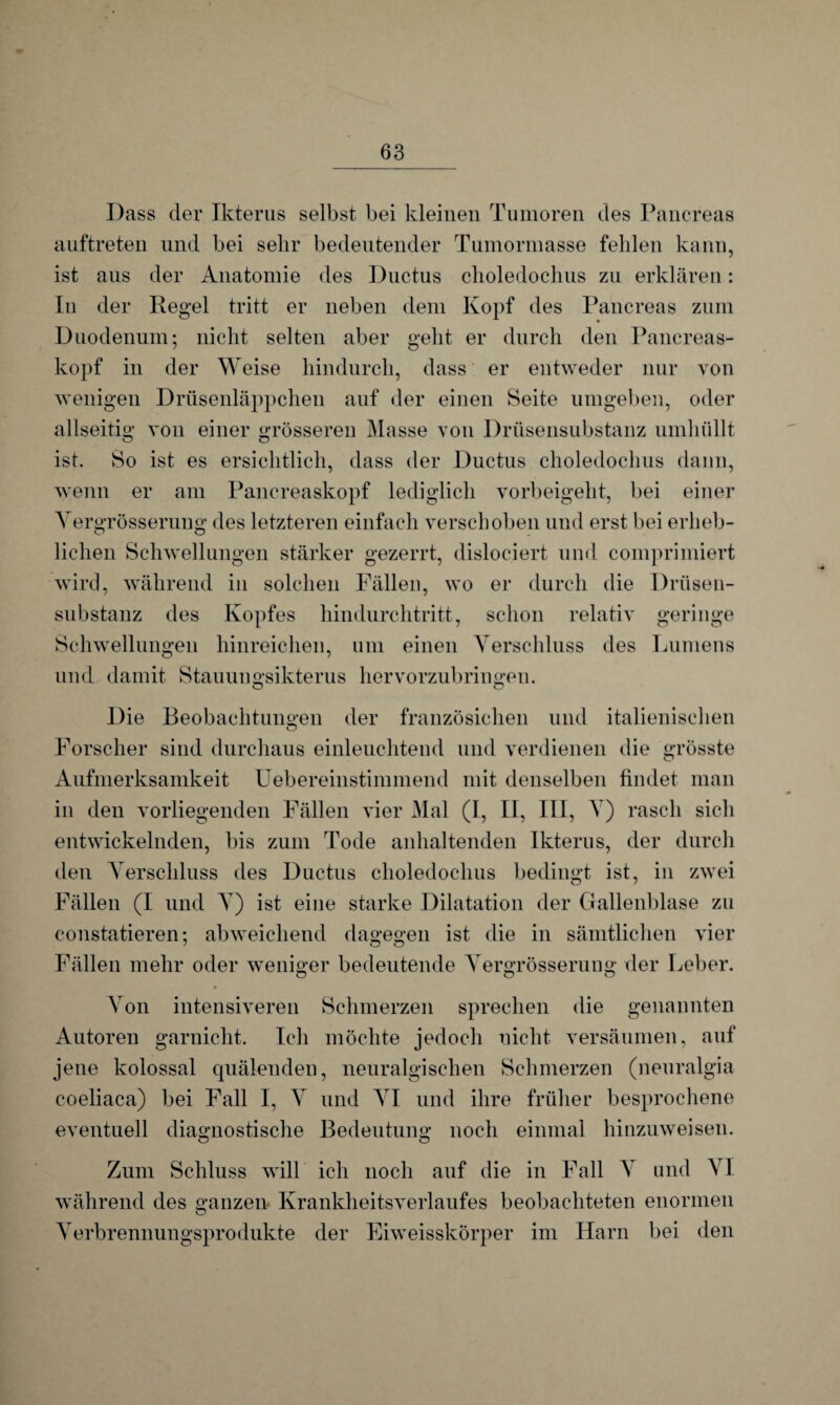 Dass der Ikterus selbst bei kleinen Tumoren des Pancreas auftreten und bei sehr bedeutender Tumormasse fehlen kann, ist aus der Anatomie des Ductus choledochus zu erklären: In der Regel tritt er neben dem Kopf des Pancreas zum Duodenum; nicht selten aber geht er durch den Pancreas- kopf in der Weise hindurch, dass er entweder nur von wenigen Drüsenläppchen auf der einen Seite umgeben, oder allseitig von einer grösseren Masse von Drüsensubstanz umhüllt ist. So ist es ersichtlich, dass der Ductus choledochus dann, wenn er am Pancreaskopf lediglich vorbeigeht, bei einer Yergrösserung des letzteren einfach verschoben und erst bei erheb¬ lichen Schwellungen stärker gezerrt, dislociert und comprimiert wird, während in solchen Fällen, wo er durch die Drüsen¬ substanz des Kopfes hindurchtritt, schon relativ geringe Schwellungen hinreichen, um einen Verschluss des Lumens und damit Stauungsikterus hervorzubringen. Die Beobachtungen der französichen und italienischen Forscher sind durchaus einleuchtend und verdienen die grösste Aufmerksamkeit Uebereinstimmend mit denselben findet man in den vorliegenden Fällen vier Mal (I, II, III, V) rasch sich entwickelnden, bis zum Tode anhaltenden Ikterus, der durch den Verschluss des Ductus choledochus bedingt ist, in zwei Fällen (I und V) ist eine starke Dilatation der Gallenblase zu constatieren; abweichend dagegen ist die in sämtlichen vier Fällen mehr oder weniger bedeutende Yergrösserung der Leber. o o o Von intensiveren Schmerzen sprechen die genannten Autoren garnicht. Ich möchte jedoch nicht versäumen, auf jene kolossal quälenden, neuralgischen Schmerzen (neuralgia coeliaca) bei Fall I, V und VI und ihre früher besprochene eventuell diagnostische Bedeutung noch einmal hinzuweisen. Zum Schluss will ich noch auf die in Fall V und VI während des ganzen Krankheitsverlaufes beobachteten enormen Verbrennungsprodukte der Eiweisskörper im Harn bei den