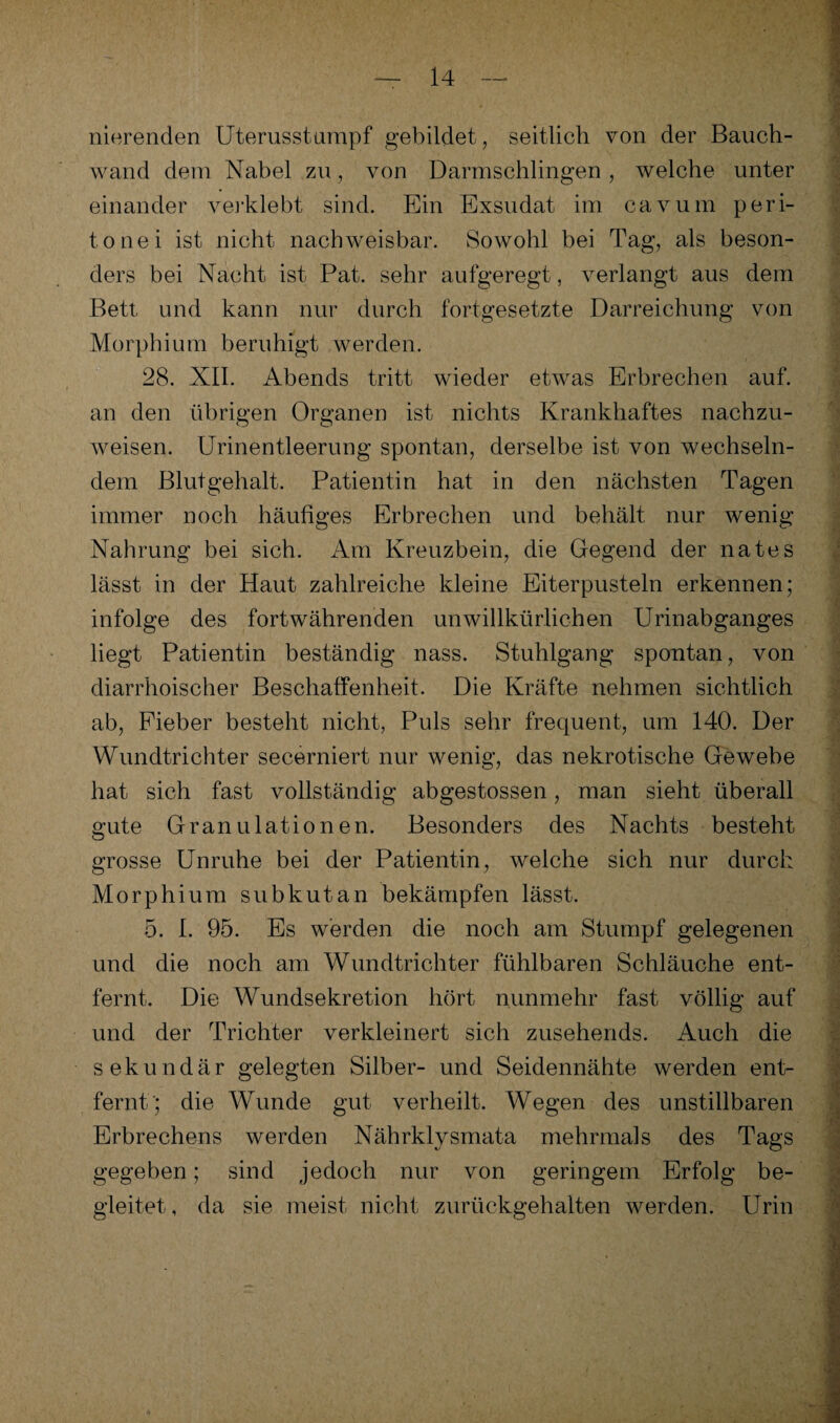 nierenden Uterusstampf gebildet, seitlich von der Bauch¬ wand dem Nabel zu, von Darmschlingen, welche unter einander verklebt sind. Ein Exsudat im cavum peri- tonei ist nicht nachweisbar. Sowohl bei Tag, als beson¬ ders bei Nacht ist Pat. sehr aufgeregt, verlangt aus dem Bett und kann nur durch fortgesetzte Darreichung von Morphium beruhigt werden. 28. XII. Abends tritt wieder etwas Erbrechen auf. an den übrigen Organen ist nichts Krankhaftes nachzu¬ weisen. Urinentleerung spontan, derselbe ist von wechseln¬ dem Blutgehalt. Patientin hat in den nächsten Tagen immer noch häufiges Erbrechen und behält nur wenig Nahrung bei sich. Am Kreuzbein, die Gegend der nates lässt in der Haut zahlreiche kleine Eiterpusteln erkennen; infolge des fortwährenden unwillkürlichen Urinabganges liegt Patientin beständig nass. Stuhlgang spontan, von diarrhoischer Beschaffenheit. Die Kräfte nehmen sichtlich ab, Fieber besteht nicht, Puls sehr frequent, um 140. Der Wundtrichter secerniert nur wenig, das nekrotische Ge wehe hat sich fast vollständig abgestossen, man sieht überall gute Granulationen. Besonders des Nachts besteht grosse Unruhe bei der Patientin, welche sich nur durch Morphium subkutan bekämpfen lässt. 5. 1. 95. Es werden die noch am Stumpf gelegenen und die noch am Wundtrichter fühlbaren Schläuche ent¬ fernt. Die Wundsekretion hört nunmehr fast völlig auf und der Trichter verkleinert sich zusehends. Auch die sekundär gelegten Silber- und Seidennähte werden ent¬ fernt'; die Wunde gut verheilt. Wegen des unstillbaren Erbrechens werden Nährklysmata mehrmals des Tags gegeben; sind jedoch nur von geringem Erfolg be¬ gleitet , da sie meist nicht zurückgehalten werden. Urin