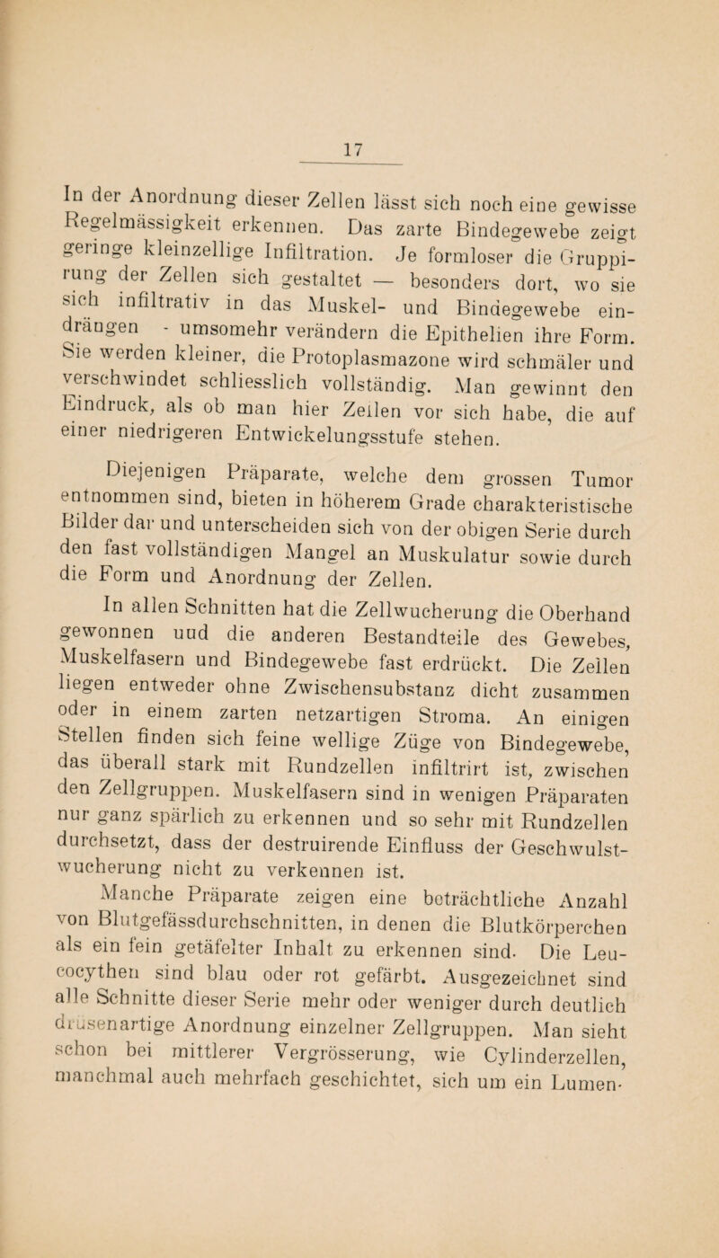 In der Anordnung dieser Zellen lässt sich noch eine gewisse Regelmässigkeit erkennen. Das zarte Bindegewebe zeigt geringe kleinzellige Infiltration. Je formloser die Gruppi- iung der Zellen sich gestaltet — besonders dort, wo sie sich infiltrativ in das Muskel- und Bindegewebe ein¬ drangen - umsomehr verändern die Epithelien ihre Form. Sie werden kleiner, die Protoplasmazone wird schmäler und verschwindet schliesslich vollständig. Man gewinnt den Eindruck, als ob man hier Zeilen vor sich habe, die auf einer niedrigeren Entwickelungsstufe stehen. Diejenigen Präparate, welche dem grossen Tumor entnommen sind, bieten in höherem Grade charakteristische Bildei dai und unterscheiden sich von der obigen Serie durch den fast vollständigen Mangel an Muskulatur sowie durch die Form und Anordnung der Zellen. In allen Schnitten hat die Zellwucherung die Oberhand gewonnen uud die anderen Bestandteile des Gewebes, Muskelfasern und Bindegewebe fast erdrückt. Die Zellen liegen entweder ohne Zwischensubstanz dicht zusammen oder in einem zarten netzartigen Stroma. An einigen Stellen finden sich feine wellige Züge von Bindegewebe, das überall stark mit Rundzellen infiltrirt ist, zwischen den Zellgruppen. Muskelfasern sind in wenigen Präparaten nui ganz spärlich zu erkennen und so sehr mit Rundzellen durchsetzt, dass der destruirende Einfluss der Geschwulst¬ wucherung nicht zu verkennen ist. Manche Präparate zeigen eine beträchtliche Anzahl von Blutgefässdurchschnitten, in denen die Blutkörperchen als ein fein getäfelter Inhalt zu erkennen sind. Die Leu- cocythen sind blau oder rot gefärbt. Ausgezeichnet sind alle Schnitte dieser Serie mehr oder weniger durch deutlich drüsenartige Anordnung einzelner Zellgruppen. Man sieht schon bei mittlerer Vergrösserung, wie Cylinderzellen, manchmal auch mehrfach geschichtet, sich um ein Lumem