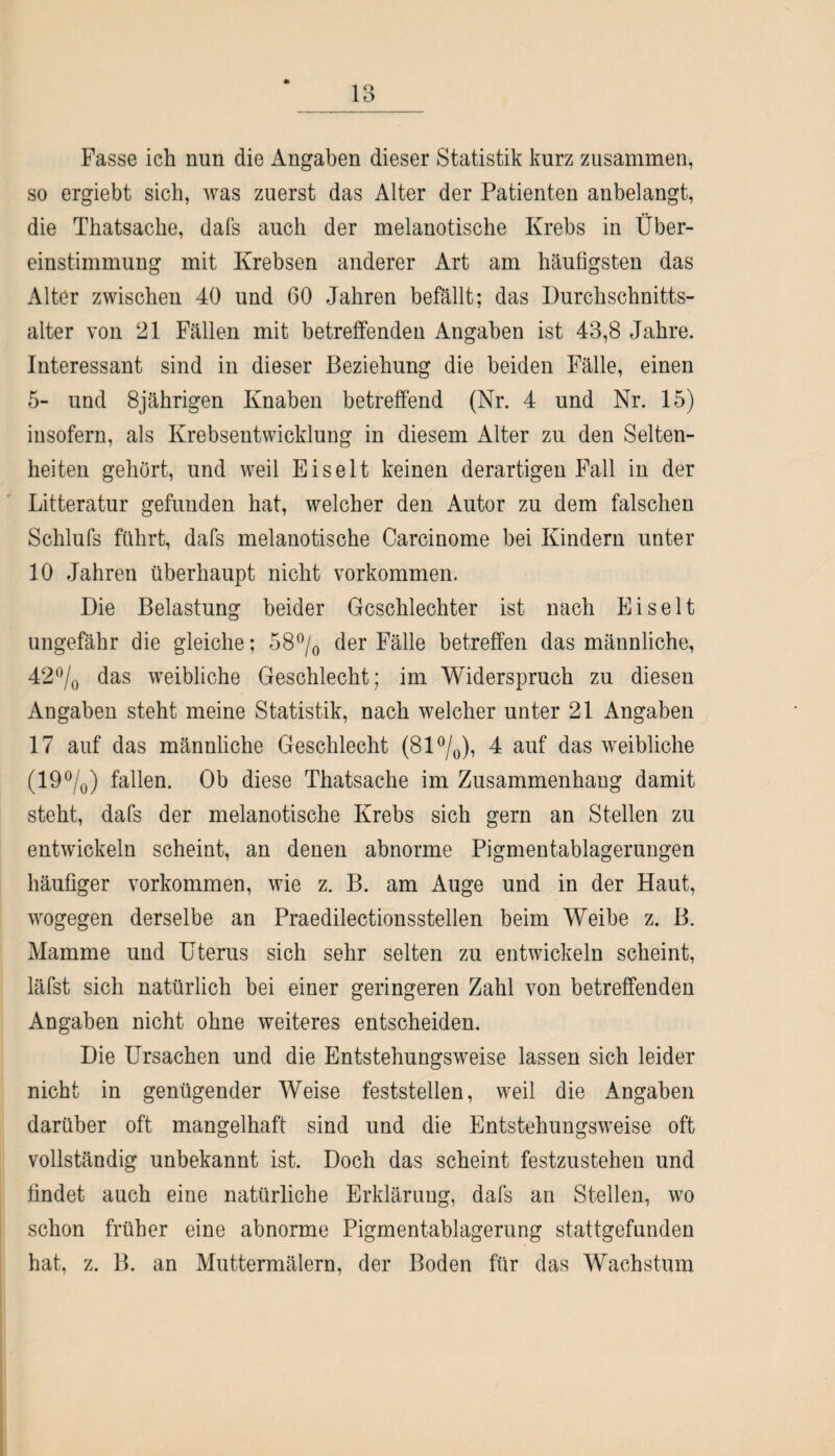 Fasse ich nun die Angaben dieser Statistik kurz zusammen, so ergiebt sich, was zuerst das Alter der Patienten anbelangt, die Thatsache, dafs auch der melanotische Krebs in Über¬ einstimmung mit Krebsen anderer Art am häufigsten das Alter zwischen 40 und 60 Jahren befällt; das Durchschnitts¬ alter von 21 Fällen mit betreffenden Angaben ist 43,8 Jahre. Interessant sind in dieser Beziehung die beiden Fälle, einen 5- und 8jährigen Knaben betreffend (Nr. 4 und Nr. 15) insofern, als Krebsentwicklung in diesem Alter zu den Selten¬ heiten gehört, und weil Eis eit keinen derartigen Fall in der Litteratur gefunden hat, welcher den Autor zu dem falschen Schlufs führt, dafs melanotische Carcinome bei Kindern unter 10 Jahren überhaupt nicht Vorkommen. Die Belastung beider Geschlechter ist nach Eiselt ungefähr die gleiche; 58°/0 der Fälle betreffen das männliche, 42°/0 das weibliche Geschlecht; im Widerspruch zu diesen Angaben steht meine Statistik, nach welcher unter 21 Angaben 17 auf das männliche Geschlecht (81 °/0), 4 auf das weibliche (19°/0) fallen. Ob diese Thatsache im Zusammenhang damit steht, dafs der melanotische Krebs sich gern an Stellen zu entwickeln scheint, an denen abnorme Pigmentablagerungen häufiger Vorkommen, wie z. B. am Auge und in der Haut, wogegen derselbe an Praedilectionsstellen beim Weibe z. B. Mamme und Uterus sich sehr selten zu entwickeln scheint, läfst sich natürlich bei einer geringeren Zahl von betreffenden Angaben nicht ohne weiteres entscheiden. Die Ursachen und die Entstehungsweise lassen sich leider nicht in genügender Weise feststellen, weil die Angaben darüber oft mangelhaft sind und die Entstehungsweise oft vollständig unbekannt ist. Doch das scheint festzustehen und findet auch eine natürliche Erklärung, dafs an Stellen, wo schon früher eine abnorme Pigmentablagerung stattgefunden hat, z. B. an Muttermälern, der Boden für das Wachstum