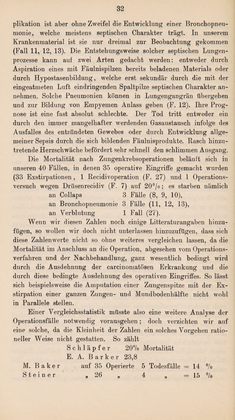 plikation ist aber oline Zweifel die Entwicklung einer Bronchopneu¬ monie, welche meistens septischen Charakter trägt. In unserem Krankenmaterial ist sie nur dreimal zur Beobachtung gekommen (Fall 11, 12, 13). Die Entstehungsweise solcher septischen Lungen¬ prozesse kann auf zwei Arten gedacht werden: entweder durch Aspiration eines mit Fäulnispilzen bereits beladenen Materials oder durch Hypostasenbildung, welche erst sekundär durch die mit der eingeatmeten Luft eindringenden Spaltpilze septischen Charakter an¬ nehmen. Solche Pneumonien können in Lungengangrän übergehen und zur Bildung von Empyemen Anlass geben (F. 12). Ihre Prog¬ nose ist eine fast absolut schlechte. Der Tod tritt entweder ein durch den immer mangelhafter werdenden Gasaustausch infolge des Ausfalles des entzündeten Gewebes oder durch Entwicklung allge¬ meiner Sepsis durch die sich bildenden Fäulnisprodukte. Rasch hinzu¬ tretende Herzschwäche befördert sehr schnell den schlimmen Ausgang. Die Mortalität nach Zungenkrebsoperationen beläuft sich in unseren 40 Fällen, in denen 35 operative Eingriffe gemacht wurden (33 Exstirpationen, 1 Recidivoperation (F. 27) und 1 Operations¬ versuch wegen Drüsenrecidiv (F. 7) auf 20°/o; es starben nämlich an Collaps 3 Fälle (8, 9, 10), an Bronchopneumonie 3 Fälle (11, 12, 13), an Verblutung 1 Fall (27). Wenn wir diesen Zahlen noch einige Litteraturangaben hinzu¬ fügen, so wollen wir doch nicht unterlassen hinzuzufügen, dass sich diese Zahlenwerte nicht so ohne weiteres vergleichen lassen, da die Mortalität im Anschluss an die Operation, abgesehen vom Operations¬ verfahren und der Nachbehandlung, ganz wesentlich bedingt wird durch die Ausdehnung der carcinomatösen Erkrankung und die durch diese bedingte Ausdehnung des operativen Eingriffes. So lässt sich beispielsweise die Amputation einer Zungenspitze mit der Ex¬ stirpation einer ganzen Zungen- und Mundbodenhälfte nicht wohl in Parallele stellen. Einer Vergleichsstatistik müsste also eine weitere Analyse der Operationsfälle notwendig vorausgehen ; doch verzichten wir auf eine solche, da die Kleinheit der Zahlen ein solches Vorgehen ratio- neller Weise nicht gestatten. So zählt Schläpfer 20% Mortalität E. A. B a r k e r 23,8 M. Baker auf 35 Operierte 5 Todesfälle =14 °/o Steiner »26 „ 4 „ = 15 °/o