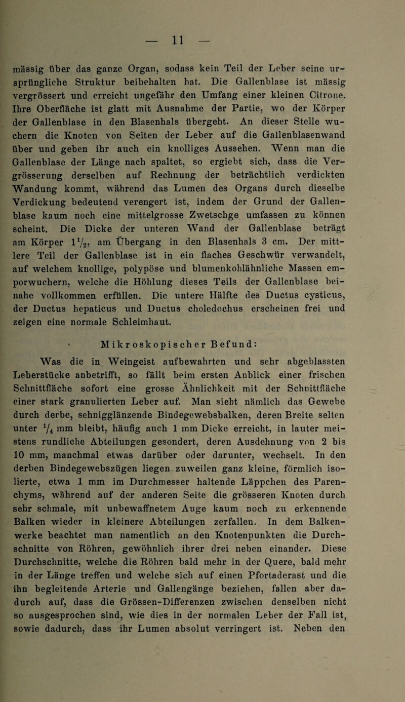 massig über das ganze Organ, sodass kein Teil der Leber seine ur¬ sprüngliche Struktur beibehalten hat. Die Gallenblase ist massig vergrössert und erreicht ungefähr den Umfang einer kleinen Citrone. Ihre Oberfläche ist glatt mit Ausnahme der Partie, wo der Körper der Gallenblase in den Blasenhals übergeht. An dieser Stelle wu¬ chern die Knoten von Seiten der Leber auf die Gallenblasenwand über und geben ihr auch ein knolliges Aussehen. Wenn man die Gallenblase der Länge nach spaltet, so ergiebt sich, dass die Ver- grösserung derselben auf Rechnung der beträchtlich verdickten Wandung kommt, während das Lumen des Organs durch dieselbe Verdickung bedeutend verengert ist, indem der Grund der Gallen¬ blase kaum noch eine mittelgrosse Zwetschge umfassen zu können scheint. Die Dicke der unteren Wand der Gallenblase beträgt am Körper l1/2, am Übergang in den Blasenhals 3 cm. Der mitt¬ lere Teil der Gallenblase ist in ein flaches Geschwür verwandelt, auf welchem knollige, polypöse und blumenkohlähnliche Massen em¬ porwuchern, welche die Höhlung dieses Teils der Gallenblase bei¬ nahe vollkommen erfüllen. Die untere Hälfte des Ductus cysticus, der Ductus hepaticus und Ductus choledochus erscheinen frei und zeigen eine normale Schleimhaut. * Mikroskop i scher Befund: Was die in Weingeist aufbewahrten und sehr abgeblassten Leberstücke anbetrifft, so fällt beim ersten Anblick einer frischen Schnittfläche sofort eine grosse Ähnlichkeit mit der Schnittfläche einer stark granulierten Leber auf. Man sieht nämlich das Gewebe durch derbe, sehnigglänzende Bindegewebsbalken, deren Breite selten unter 1/i mm bleibt, häufig auch 1 mm Dicke erreicht, in lauter mei¬ stens rundliche Abteilungen gesondert, deren Ausdehnung von 2 bis 10 mm, manchmal etwas darüber oder darunter, wechselt. In den derben Bindegewebszügen liegen zuweilen ganz kleine, förmlich iso¬ lierte, etwa 1 mm im Durchmesser haltende Läppchen des Paren¬ chyms, während auf der anderen Seite die grösseren Knoten durch sehr schmale, mit unbewaffnetem Auge kaum noch zu erkennende Balken wieder in kleinere Abteilungen zerfallen. In dem Balken¬ werke beachtet man namentlich an den Knotenpunkten die Durch¬ schnitte von Röhren, gewöhnlich ihrer drei neben einander. Diese Durchschnitte, welche die Röhren bald mehr in der Quere, bald mehr in der Länge treffen und welche sich auf einen Pfortaderast und die ihn begleitende Arterie und Gallengänge beziehen, fallen aber da¬ durch auf, dass die Grössen-Differenzen zwischen denselben nicht so ausgesprochen sind, wie dies in der normalen Leber der Fall ist, sowie dadurch, dass ihr Lumen absolut verringert ist. Neben den