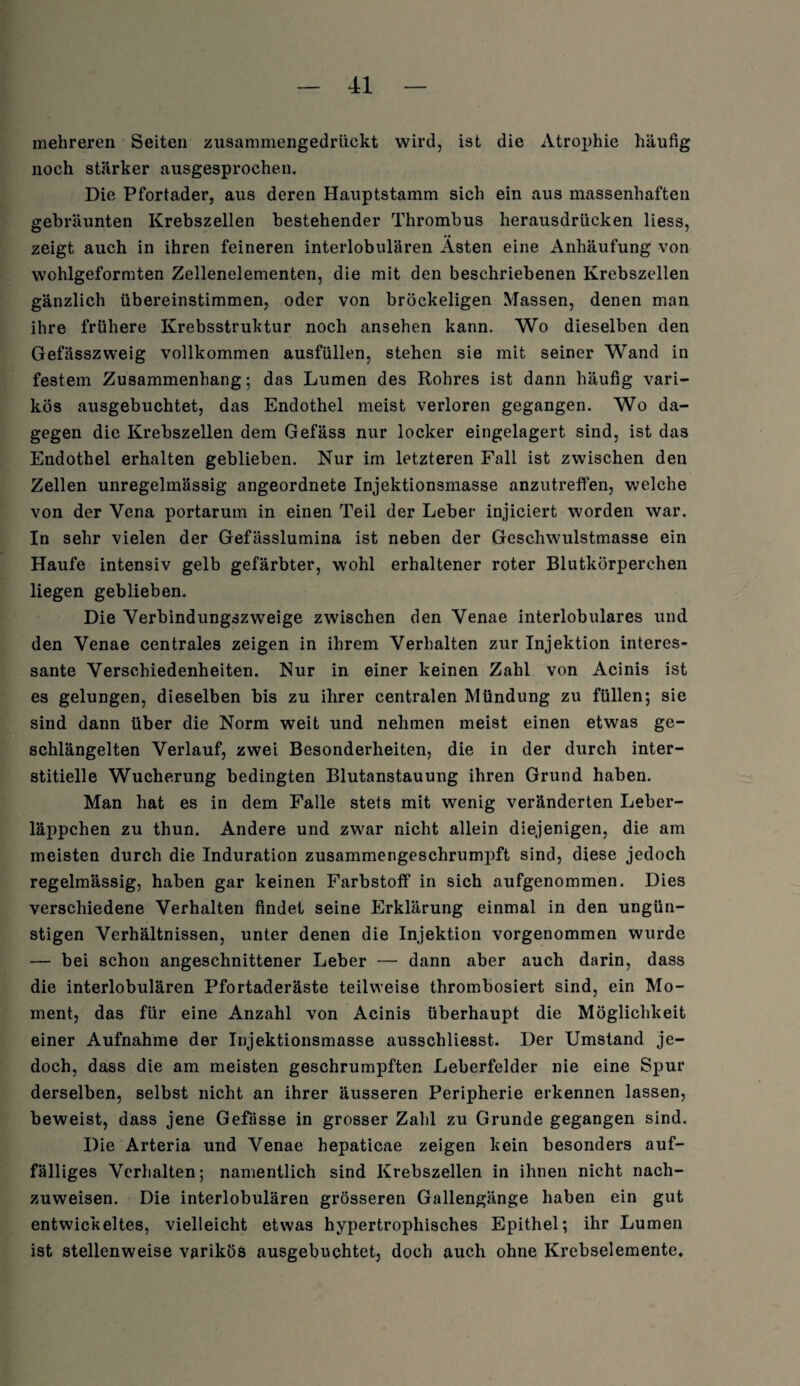 mehreren Seiten zusammengedrückt wird, ist die Atrophie häufig noch stärker ausgesprochen. Die Pfortader, aus deren Hauptstamm sich ein aus massenhaften gebräunten Krebszellen bestehender Thrombus herausdrücken liess, zeigt auch in ihren feineren interlobulären Asten eine Anhäufung von wohlgeformten Zellenelementen, die mit den beschriebenen Krebszellen gänzlich übereinstimmen, oder von bröckeligen Massen, denen man ihre frühere Krebsstruktur noch ansehen kann. Wo dieselben den Gefässzweig vollkommen ausfüllen, stehen sie mit seiner Wand in festem Zusammenhang; das Lumen des Rohres ist dann häufig vari¬ kös ausgebuchtet, das Endothel meist verloren gegangen. Wo da¬ gegen die Krebszellen dem Gefäss nur locker eingelagert sind, ist das Endothel erhalten geblieben. Nur im letzteren Fall ist zwischen den Zellen unregelmässig angeordnete Injektionsmasse anzutreffen, welche von der Vena portarum in einen Teil der Leber injiciert worden war. In sehr vielen der Gefässlumina ist neben der Geschwulstmasse ein Haufe intensiv gelb gefärbter, wohl erhaltener roter Blutkörperchen liegen geblieben. Die Verbindungszweige zwischen den Venae interlobulares und den Venae centrales zeigen in ihrem Verhalten zur Injektion interes¬ sante Verschiedenheiten. Nur in einer keinen Zahl von Acinis ist es gelungen, dieselben bis zu ihrer centralen Mündung zu füllen; sie sind dann über die Norm weit und nehmen meist einen etwas ge¬ schlängelten Verlauf, zwei Besonderheiten, die in der durch inter¬ stitielle Wucherung bedingten Blutanstauung ihren Grund haben. Man hat es in dem Falle stets mit wenig veränderten Leber¬ läppchen zu thun. Andere und zwar nicht allein diejenigen, die am meisten durch die Induration zusammengeschrumpft sind, diese jedoch regelmässig, haben gar keinen Farbstoff in sich aufgenommen. Dies verschiedene Verhalten findet seine Erklärung einmal in den ungün¬ stigen Verhältnissen, unter denen die Injektion vorgenommen wurde — bei schon angeschnittener Leber — dann aber auch darin, dass die interlobulären Pfortaderäste teilweise thrombosiert sind, ein Mo¬ ment, das für eine Anzahl von Acinis überhaupt die Möglichkeit einer Aufnahme der Injektionsmasse ausschliesst. Der Umstand je¬ doch, dass die am meisten geschrumpften Leberfelder nie eine Spur derselben, selbst nicht an ihrer äusseren Peripherie erkennen lassen, beweist, dass jene Gefässe in grosser Zahl zu Grunde gegangen sind. Die Arteria und Venae hepaticae zeigen kein besonders auf¬ fälliges Verhalten; namentlich sind Krebszellen in ihnen nicht nach¬ zuweisen. Die interlobulären grösseren Gallengänge haben ein gut entwickeltes, vielleicht etwas hypertrophisches Epithel; ihr Lumen ist stellenweise varikös ausgebuchtet, doch auch ohne Krebselemente.