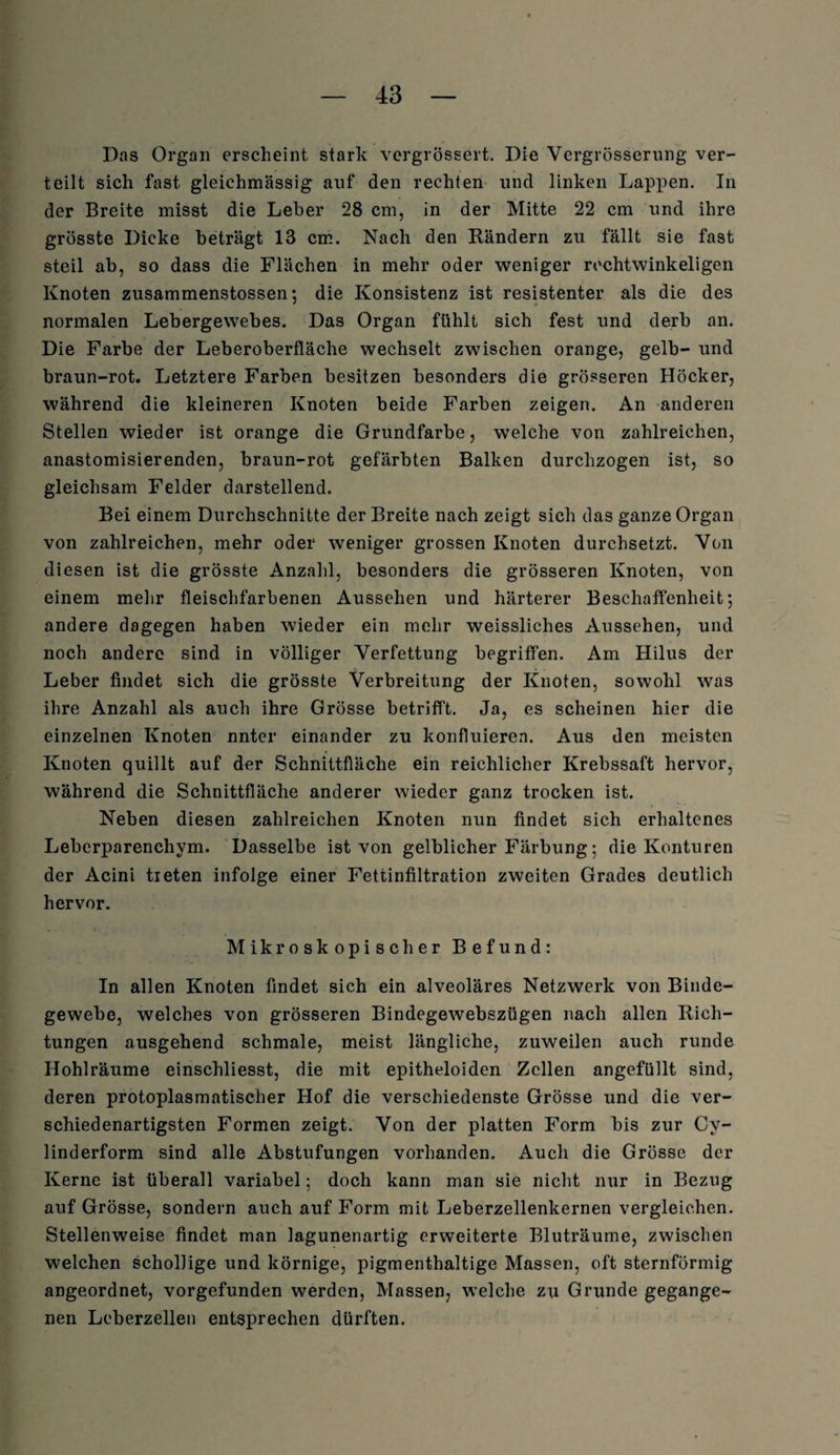 Das Organ erscheint stark vergrössert. Die Vergrösserung ver¬ teilt sich fast gleichmässig auf den rechten und linken Lappen. In der Breite misst die Leber 28 cm, in der Mitte 22 cm und ihre grösste Dicke beträgt 13 cm. Nach den Rändern zu fällt sie fast steil ab, so dass die Flächen in mehr oder weniger rechtwinkeligen Knoten zusammenstossen: die Konsistenz ist resistenter als die des normalen Lebergewebes. Das Organ fühlt sich fest und derb an. Die Farbe der Leberoberfläche wechselt zwischen orange, gelb- und braun-rot. Letztere Farben besitzen besonders die grösseren Höcker, während die kleineren Knoten beide Farben zeigen. An anderen Stellen wieder ist orange die Grundfarbe, welche von zahlreichen, anastomisierenden, braun-rot gefärbten Balken durchzogen ist, so gleichsam Felder darstellend. Bei einem Durchschnitte der Breite nach zeigt sich das ganze Organ von zahlreichen, mehr oder weniger grossen Knoten durchsetzt. Von diesen ist die grösste Anzahl, besonders die grösseren Knoten, von einem mehr fleischfarbenen Aussehen und härterer Beschaffenheit; andere dagegen haben wieder ein mehr weissliches Aussehen, und noch andere sind in völliger Verfettung begriffen. Am Hilus der Leber findet sich die grösste Verbreitung der Knoten, sowohl was ihre Anzahl als auch ihre Grösse betrifft. Ja, es scheinen hier die einzelnen Knoten unter einander zu konfluieren. Aus den meisten Knoten quillt auf der Schnittfläche ein reichlicher Krebssaft hervor, während die Schnittfläche anderer wieder ganz trocken ist. Neben diesen zahlreichen Knoten nun findet sich erhaltenes Leberparenchym. Dasselbe ist von gelblicher Färbung; die Konturen der Acini treten infolge einer Fettinfiltration zweiten Grades deutlich hervor. Mikroskopischer Befund: In allen Knoten findet sich ein alveoläres Netzwerk von Binde¬ gewebe, welches von grösseren Bindegewebszügen nach allen Rich¬ tungen ausgehend schmale, meist längliche, zuweilen auch runde Hohlräume einschliesst, die mit epitheloiden Zellen angefüllt sind, deren protoplasmatischer Hof die verschiedenste Grösse und die ver¬ schiedenartigsten Formen zeigt. Von der platten Form bis zur Cy- linderform sind alle Abstufungen vorhanden. Auch die Grösse der Kerne ist überall variabel; doch kann man sie nicht nur in Bezug auf Grösse, sondern auch auf Form mit Leberzellenkernen vergleichen. Stellenweise findet man lagunenartig erweiterte Bluträume, zwischen welchen schollige und körnige, pigmenthaltige Massen, oft sternförmig angeordnet, vorgefunden werden, Massen, welche zu Grunde gegange¬ nen Leberzellen entsprechen dürften.