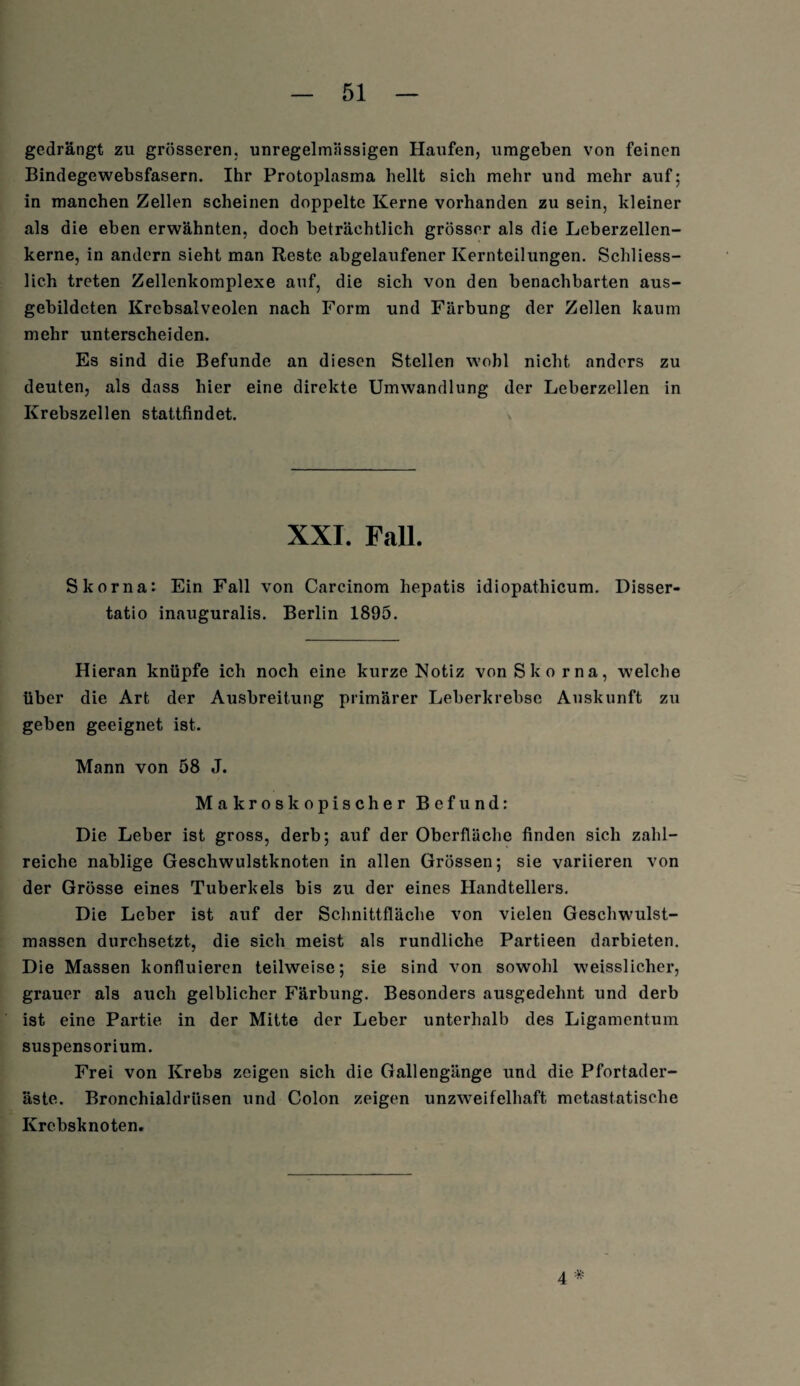 gedrängt zu grösseren, unregelmässigen Haufen, umgeben von feinen Bindegewebsfasern. Ihr Protoplasma hellt sich mehr und mehr auf; in manchen Zellen scheinen doppelte Kerne vorhanden zu sein, kleiner als die eben erwähnten, doch beträchtlich grösser als die Leberzellen¬ kerne, in andern sieht man Reste abgelaufener Kernteilungen. Schliess¬ lich treten Zellenkomplexe auf, die sich von den benachbarten aus- gebildeten Krebsalveolen nach Form und Färbung der Zellen kaum mehr unterscheiden. Es sind die Befunde an diesen Stellen wohl nicht anders zu deuten, als dass hier eine direkte Umwandlung der Leberzellen in Krebszellen stattfindet. XXI. Fall. S kor na: Ein Fall von Carcinom hepatis idiopathicum. Disser- tatio inauguralis. Berlin 1895. Hieran knüpfe ich noch eine kurze Notiz von Sk or na, welche über die Art der Ausbreitung primärer Leberkrebse Auskunft zu geben geeignet ist. Mann von 58 J. Makroskopischer Befund: Die Leber ist gross, derb; auf der Oberfläche finden sich zahl¬ reiche nablige Geschwulstknoten in allen Grössen; sie variieren von der Grösse eines Tuberkels bis zu der eines Handtellers. Die Leber ist auf der Schnittfläche von vielen Geschwulst¬ massen durchsetzt, die sich meist als rundliche Partieen darbieten. Die Massen konfluieren teilweise; sie sind von sowohl weisslicher, grauer als auch gelblicher Färbung. Besonders ausgedehnt und derb ist eine Partie in der Mitte der Leber unterhalb des Ligamentum Suspensorium. Frei von Krebs zeigen sich die Gallengänge und die Pfortader¬ äste. Bronchialdrüsen und Colon zeigen unzweifelhaft metastatische Krebsknoten. 4 '•&