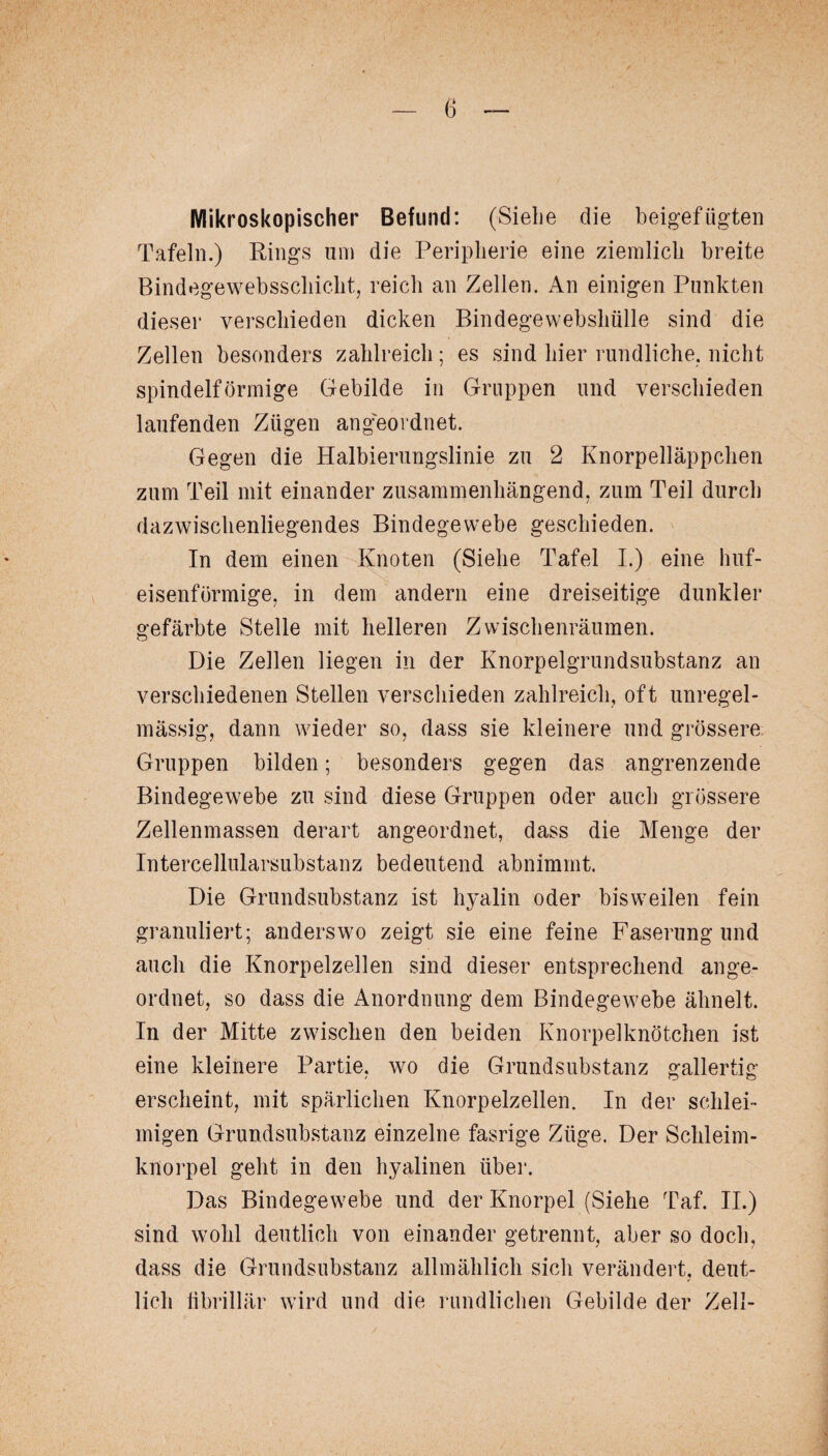 Mikroskopischer Befund: (Siehe die beigefügten Tafeln.) Rings um die Peripherie eine ziemlich breite Bindegewebsschicht, reich an Zellen. An einigen Punkten dieser verschieden dicken Bindegewebshülle sind die Zellen besonders zahlreich; es sind hier rundliche, nicht spindelförmige Gebilde in Gruppen und verschieden laufenden Zügen angeordnet. Gegen die Halbierungslinie zu 2 Knorpelläppchen zum Teil mit einander zusammenhängend, zum Teil durch dazwischenliegendes Bindegewebe geschieden. In dem einen Knoten (Siehe Tafel I.) eine huf¬ eisenförmige, in dem andern eine dreiseitige dunkler gefärbte Stelle mit helleren Zwischenräumen. Die Zellen liegen in der Knorpelgrundsubstanz an verschiedenen Stellen verschieden zahlreich, oft unregel¬ mässig, dann wieder so, dass sie kleinere und grössere Gruppen bilden; besonders gegen das angrenzende Bindegewebe zu sind diese Gruppen oder auch grössere Zellenmassen derart angeordnet, dass die Menge der Intercellularsubstanz bedeutend abnimmt. Die Grundsubstanz ist hyalin oder bisweilen fein granuliert; anderswm zeigt sie eine feine Faserung und auch die Knorpelzellen sind dieser entsprechend ange¬ ordnet, so dass die Anordnung dem Bindegewebe ähnelt. In der Mitte zwischen den beiden Knorpelknötchen ist eine kleinere Partie, wro die Grundsubstanz gallertig erscheint, mit spärlichen Knorpelzellen. In der schlei¬ migen Grundsubstanz einzelne fasrige Züge. Der Schleim¬ knorpel geht in den hyalinen über. Das Bindegewebe und der Knorpel (Siehe Taf. II.) sind wohl deutlich von einander getrennt, aber so doch, dass die Grundsubstanz allmählich sich verändert, deut¬ lich fibrillär wird und die rundlichen Gebilde der Zell-