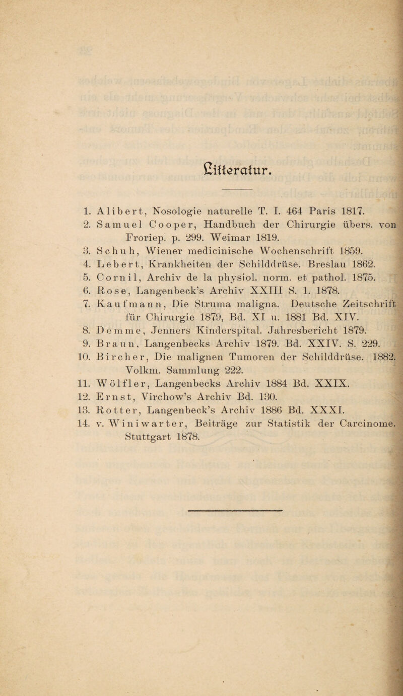 ßifforatur. 1. Alibert, Nosologie naturelle T. I. 464 Paris 1817. 2. Samuel Cooper, Handbuch der Chirurgie übers, von Froriep. p. 299. Weimar 1819. 3. Schuh, Wiener medicinische Wochenschrift 1859. 4. Lebert, Krankheiten der Schilddrüse. Breslau 1862. 5. Cornil, Archiv de la physiol. norm, et pathol. 1875. 6. Kose, Langenbeck’s Archiv XXIII S. 1. 1878. 7. Kaufmann, Die Struma maligna. Deutsche Zeitschrift für Chirurgie 1879, Bd. XI u. 1881 Bd. XIV. 8. Demme, Jenners Kinderspital. Jahresbericht 1879. 9. Braun, Langenbecks Archiv 1879. Bd. XXIV. S. 229. 10. Bircher, Die malignen Tumoren der Schilddrüse. 1882. Volkm. Sammlung 222. 11. Wölfl er, Langenbecks Archiv 1884 Bd. XXIX. 12. Ernst, Virchow’s Archiv Bd. 130. 13. Kotter, Langenbeck’s Archiv 1886 Bd. XXXI. 14. v. Wini wart er, Beiträge zur Statistik der Carcinome. Stuttgart 1878.