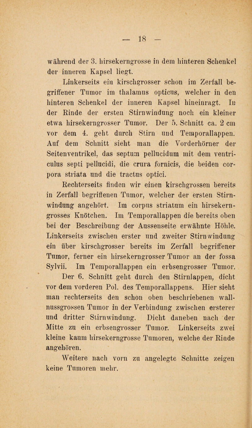 während der 3. hirsekerngrosse in dem hinteren Schenkel der inneren Kapsel liegt. Linkerseits ein kirschgrosser schon im Zerfall be¬ griffener Tumor im thalamus opticus, welcher in den hinteren Schenkel der inneren Kapsel hineinragt. In der Rinde der ersten Stirnwindung noch ein kleiner etwTa hirsekerngrosser Tumor. Der 5. Schnitt ca. 2 cm vor dem 4. geht durch Stirn und Temporallappen. Auf dem Schnitt sieht man die Vorderhörner der Seitenventrikel, das septum pellucidum mit dem ventri- culus septi pellucidi, die crura fornicis, die beiden Cor¬ pora striata und die tractus optici. Rechterseits finden wir einen kirschgrossen bereits in Zerfall begriffenen Tumor, welcher der ersten Stirn¬ windung angehört. Im corpus Striatum ein hirsekern- grosses Knötchen. Im Temporallappen die bereits oben bei der Beschreibung der Aussenseite erwähnte Höhle. Linkerseits zwischen erster und zweiter Stirn Windung ein über kirschgrosser bereits im Zerfall begriffener Tumor, ferner ein hirsekerngrosser Tumor an der fossa Sylvii. Im Temporal!appen ein erbsengrosser Tumor. Der 6. Schnitt geht durch den Stirnlappen, dicht vor dem vorderen Pol. des Temporallappens. Hier sieht man rechterseits den schon oben beschriebenen wall¬ nussgrossen Tumor in der Verbindung zwischen ersterer und dritter Stirnwindung. Dicht daneben nach der Mitte zu ein erbsengrosser Tumor. Linkerseits zwei kleine kaum hirsekerngrosse Tumoren, welche der Rinde angehören. Weitere nach vorn zu angelegte Schnitte zeigen keine Tumoren mehr.