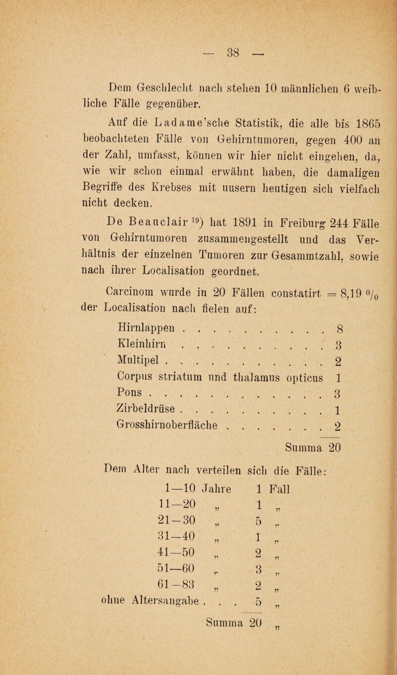 Dem Geschlecht nach stehen 10 männlichen 6 weib¬ liche Fälle gegenüber. Auf die Ladame’sche Statistik, die alle bis 1865 beobachteten Fälle von Gehirntumoren, gegen 400 an der Zahl, umfasst, können wir hier nicht eingehen, da, wie wir schon einmal erwähnt haben, die damaligen Begriffe des Krebses mit uusern heutigen sich vielfach nicht decken. De Beauclair19) hat 1891 in Freiburg 244 Fälle von Gehirntumoren zusammengestellt und das Ver¬ hältnis der einzelnen Tumoren zur Gesammtzahl, sowie nach ihrer Localisation geordnet. Carcinom wurde in 20 Fällen constatirt = 8,19 °/0 der Localisation nach fielen auf: Hirnlappen.8 Kleinhirn.3 Multipel.2 Corpus Striatum und thalamus opticus 1 Pons..3 Zirbeldrüse . 1 Grosshirnoberfläche.2 Summa 20 Dem Alter nach verteilen sich die Fälle: 1—10 Jahre 1 Fall 11-20 21-30 31—40 41—50 51—60 61-83 ohne Altersangabe