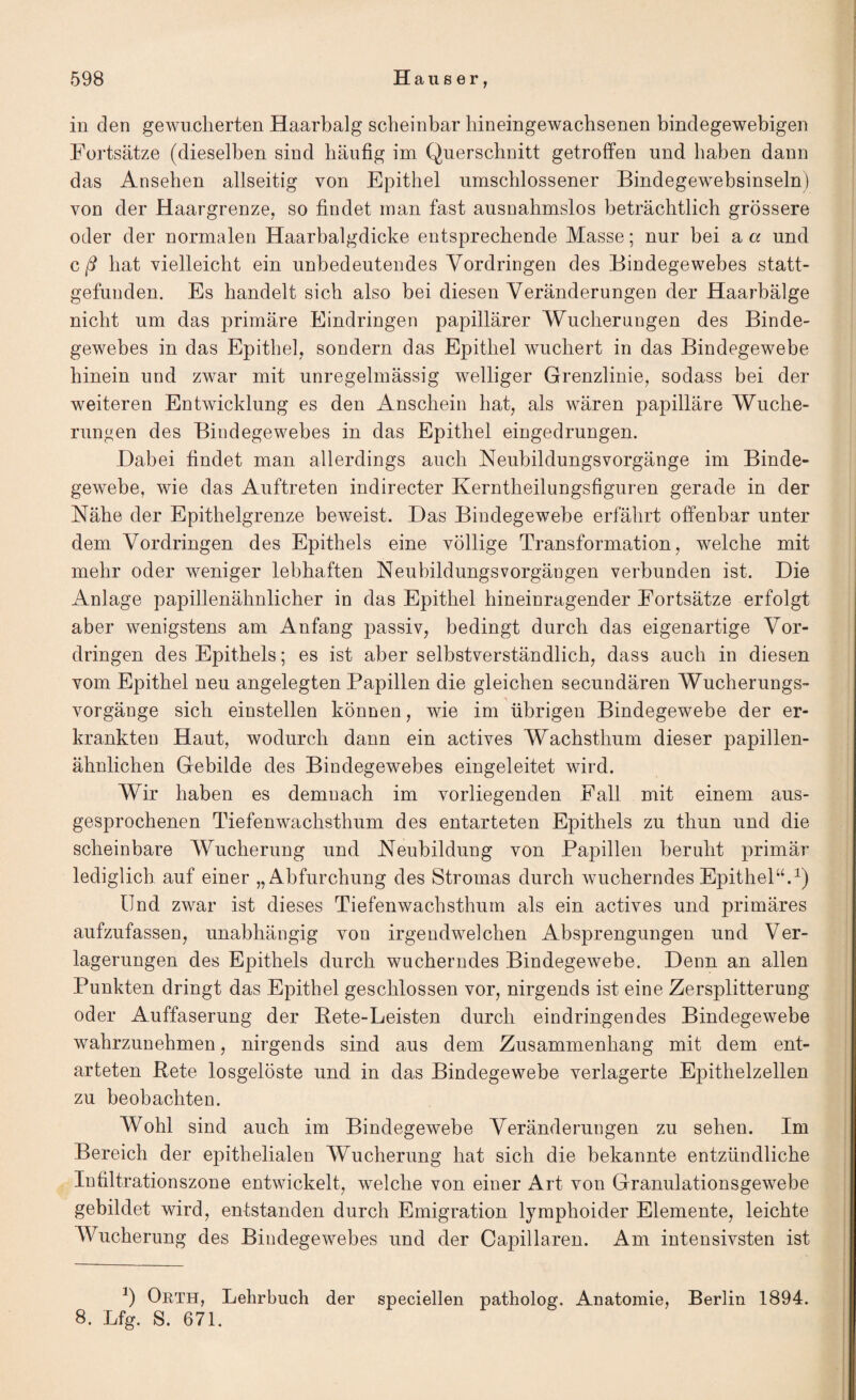 in den gewucherten Haarbalg scheinbar hineingewachsenen bindegewebigen Fortsatze (dieselben sind haufig im Qnerschnitt getroffen und baben dann das Ansehen allseitig von Epithel nmscldossener Bindegewebsinseln) von der Haargrenze, so findet man fast ansnahmslos betrachtlich grossere oder der normalen Haarbalgdicke entsprecbende Masse; nur bei a a und c /? hat vielleicht ein unbedeutendes Yordringen des Bindegewebes statt- gefunden. Es bandelt sich also bei diesen Yeranderungen der Haarbalge nicht um das primare Eindringen papillarer Wucherungen des Binde¬ gewebes in das Epithel, sondern das Epithel wuchert in das Bindegewebe hinein und zwar mit unregelmassig welliger Grenzlinie, sodass bei der weiteren Entwicklung es den Anschein hat, als waren papillare Wuche- rungen des Bindegewebes in das Epithel eingedrungen. JDabei findet man allerdings auch Neubildungsvorgange im Binde¬ gewebe, wie das Auftreten indirecter Kerntheilungsfiguren gerade in der Nahe der Epithelgrenze beweist. Das Bindegewebe erfahrt offenbar unter dem Yordringen des Epithels eine vollige Transformation, welche mit mehr oder weniger lebhaften Neubildungsvorgangen verbunden ist. Die Anlage papillenahnlicher in das Epithel hineinragender Fortsatze erfolgt aber wenigstens am Anfang passiv, bedingt durch das eigenartige Yor¬ dringen des Epithels; es ist aber selbstverstandlich, dass auch in diesen vom Epithel neu angelegten Papillen die gleichen secundaren Wucherungs- vorgange sich einstellen konnen, wie im iibrigen Bindegewebe der er- krankten Haut, wodurch dann ein actives Wachsthum dieser papillen- ahnlichen Gebilde des Bindegewebes eingeleitet wird. Wir haben es demnach im vorliegenden Fall mit einem aus- gesprochenen Tiefenwachsthum des entarteten Epithels zu tkun und die scheinbare Wucherung und Neubildung von Papillen beruht primar lediglich auf einer „Abfurchung des Stromas durch wucherndes Epithel44.1) Und zwar ist dieses Tiefenwachsthum als ein actives und primares aufzufassen, unabhangig von irgendwelchen Absprengungen und Ver- lagerungen des Epithels durch wucherndes Bindegewebe. Denn an alien Punkten dringt das Epithel geschlossen vor, nirgends ist eine Zersplitterung oder Auffaserung der Pete-Leisten durch eindringen des Bindegewebe wahrzunehmen, nirgends sind aus dem Zusammenhang mit dem ent¬ arteten Rete losgeloste und in das Bindegewebe verlagerte Epithelzellen zu beobachten. Wohl sind auch im Bindegewebe Yeranderungen zu sehen. Im Bereich der epithelialen Wucherung hat sich die bekannte entziindliche Infiltrationszone entwickelt, welche von einer Art von Granulationsgewebe gebildet wird, entstanden durch Emigration lymphoider Elemente, leichte IVucherung des Bindegewebes und der Capillaren. Am intensivsten ist J) Orth, Lehrbuch der speciellen patholog. Anatomie, Berlin 1894. 8. Lfg. S. 671.