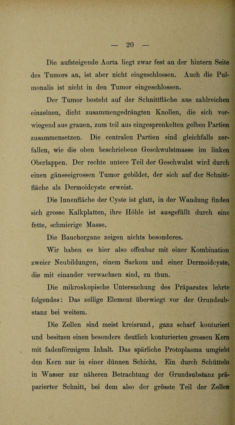 Die aufsteigende Aorta liegt zwar fest an der hintern Seite des Tumors an, ist aber nicht eingeschlossen. Auch die Pul- monalis ist nicht in den Tumor eingeschlossen. Der Tumor besteht auf der Schnittfläche aus zahlreichen einzelnen, dicht zusammengedrängten Knollen, die sich vor¬ wiegend aus grauen, zum teil aus eingesprenkelten gelben Partien zusammensetzen. Die centralen Partien sind gleichfalls zer¬ fallen, wie die oben beschriebene Geschwnlstmasse im linken Oberlappen. Der rechte untere Teil der Geschwulst wird durch einen gänseeigrossen Tumor gebildet, der sich auf der Schnitt¬ fläche als Dermoidcyste erweist. Die Innenfläche der Cyste ist glatt, in der Wandung finden sich grosse Kalkplatten, ihre Höhle ist ausgefüllt durch eine fette, schmierige Masse. Die Bauchorgane zeigen nichts besonderes. Wir haben es hier also offenbar mit einer Kombination zweier Neubildungen, einem Sarkom und einer Dermoidcyste, die mit einander verwachsen sind, zu thun. Die mikroskopische Untersuchung des Präparates lehrte folgendes: Das zellige Element überwiegt vor der Grundsub¬ stanz bei weitem. Die Zellen sind meist kreisrund, ganz scharf konturiert und besitzen einen besonders deutlich konturierten grossen Kern mit fadenförmigem Inhalt. Das spärliche Protoplasma umgiebt den Kern nur in einer dünnen Schicht. Ein durch Schütteln in Wasser zur näheren Betrachtung der Grundsubstanz prä- parierter Schnitt, bei dem also der grösste Teil der Zellen