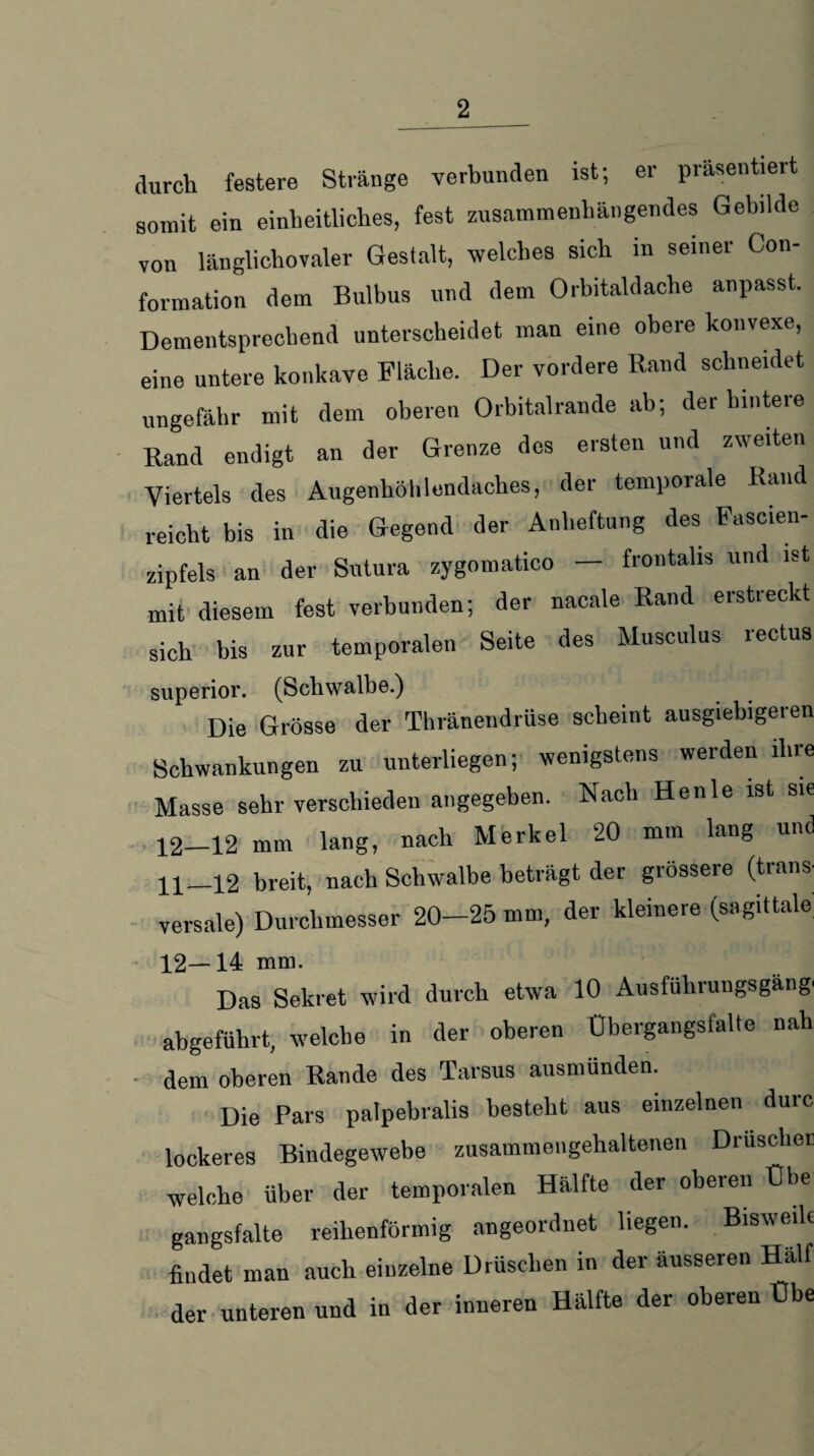 durch festere Stränge verbunden ist; er präsentiert somit ein einheitliches, fest zusammenhängendes Gebilde von länglichovaler Gestalt, welches sich in seiner Con- formation dem Bulbus und dem Orbitaldache anpasst. Dementsprechend unterscheidet man eine obere konvexe, eine untere konkave Fläche. Der vordere Rand schneidet ungefähr mit dem oberen Orbitalrande ab; der hintere Rand endigt an der Grenze dos ersten und zweiten Viertels des Augenhöhlendaches, der temporale Rand reicht bis in die Gegend der Anheftung des Fascien- zipfels an der Sutura zygomatico — frontalis und ist mit diesem fest verbunden; der nacale Rand erstreckt sich bis zur temporalen Seite des Musculus rectus superior. (Schwalbe.) Die Grösse der Thränendrüse scheint ausgiebigeren Schwankungen zu unterliegen; wenigstens werden ihre Masse sehr verschieden angegeben. Nach Henle ist sie 12—12 mm lang, nach Merkel 20 mm lang und n_12 breit, nach Schwalbe beträgt der grössere (trans^ versale) Durchmesser 20-25 mm, der kleinere (sagittale 12—14 mm. Das Sekret wird durch etwa 10 Ausführungsgang' abgeführt, welche in der oberen Übergangsfalte nab dem oberen Rande des Tarsus ausmünden. Die Pars palpebralis besteht aus einzelnen durc lockeres Bindegewebe zusammengehaltenen Druscher welche über der temporalen Hälfte der oberen Übe gangsfalte reihenförmig angeordnet liegen. Bisweih findet man auch einzelne Drüschen in der äusseren Half der unteren und in der inneren Hälfte der oberen Übe