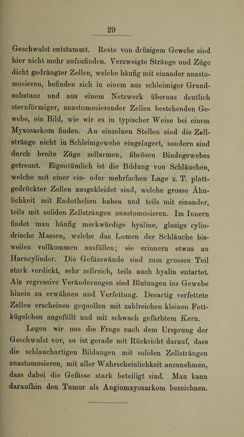 Geschwulst entstammt. Reste von drüsigem Gewebe sind hier nicht mehr aufzufinden. Verzweigte Stränge uud Züge dicht gedrängter Zellen, welche häufig mit einander anasto- mosiereu, befinden sich in einem aus schleimiger Grund¬ substanz und aus einem Netzwerk überaus deutlich sternförmiger, anastomosierender Zellen bestehenden Ge¬ webe, ein Bild, wie wir es in typischer Weise bei einem Myxosarkom finden. An einzelnen Stellen sind die Zell¬ stränge nicht in Schleimgewebe eingelagert, sondern sind durch breite Züge zellarmen, fibrösen Bindegewebes getrennt. Eigentümlich ist die Bildung von Schläuchen, welche mit einer ein- oder mehrfachen Lage z. T. platt- gedrtickter Zellen ausgekleidet sind, welche grosse Ähn¬ lichkeit mit Endothelien haben und teils mit einander, teils mit soliden Zellsträngen anastomosieren. Im Innern findet man häufig merkwürdige hyaline, glasige cylin- drische Massen, welche das Lumen der Schläuche bis¬ weilen vollkommen ausfüllen; sie erinnern etwas an Harncylinder. Die Gefässwände sind zum grossen Teil stark verdickt, sehr zellreich, teils auch hyalin entartet. Als regressive Veränderungen sind Blutungen ins Gewebe hinein zu erwähnen und Verfettung. Derartig verfettete Zellen erscheinen gequollen mit zahlreichen kleinen Fett¬ kügelchen angefüllt und mit schwach gefärbtem Kern. Legen wir uns die Frage nach dem Ursprung der Geschwulst vor, so ist gerade mit Rücksicht darauf, dass die schlauchartigen Bildungen mit soliden Zellsträngen anastomosieren, mit aller Wahrscheinlichkeit anzunehmen, dass dabei die Gefässe stark beteiligt sind. Man kann daraufhin den Tumor als Angiomxyosarkom bezeichnen.