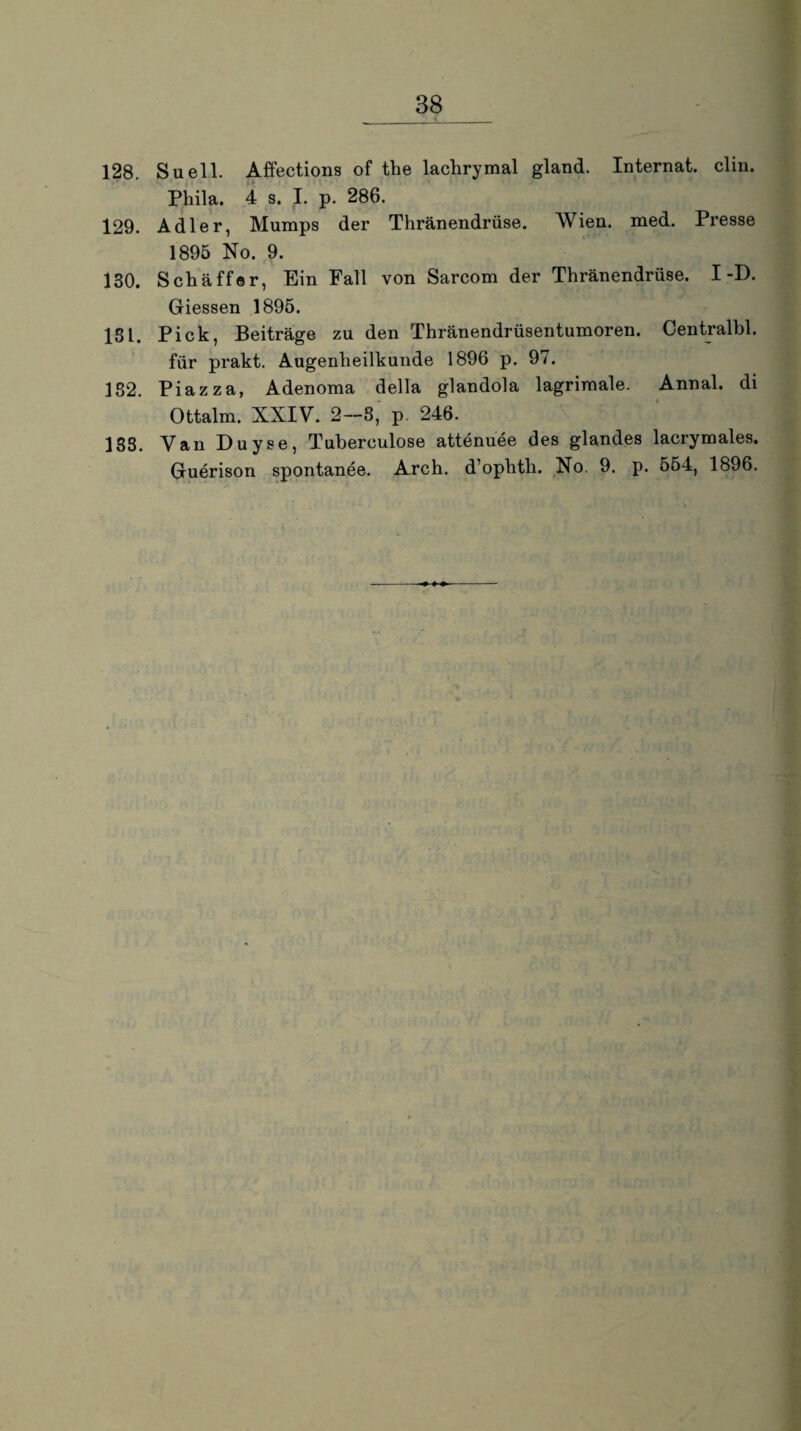128. Sueil. Affections of the lachrymal gland. Internat, clin. Phila. 4 s. I. p. 286. 129. Adler, Mumps der Thränendrüse. Wien. med. Presse 1895 No. 9. 130. Schaffer, Ein Fall von Sarcom der Thränendrüse. I-D. Giessen 1895. 151. Pick, Beiträge zu den Thränendrüsentumoren. Centralbl. für prakt. Augenheilkunde 1896 p. 97. 182. Piazza, Adenoma della glandola lagrimale. Annal. di Ottalm. XXIV. 2-8, p. 246. 188. Van Duyse, Tuberculose attenuee des glandes lacrymales. Guerison spontanee. Arch. d’ophtli. No. 9. p. 554, 1896.