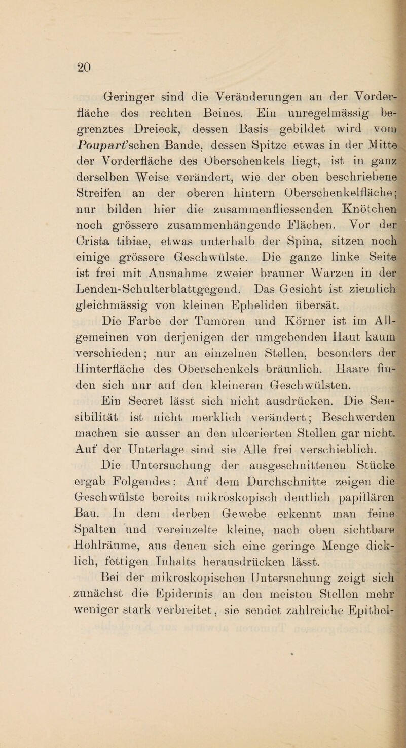 Geringer sind die Veränderungen an der Vorder¬ fläche des rechten Beines. Ein unregelmässig be¬ grenztes Dreieck, dessen Basis gebildet wird vom Po up arischen Bande, dessen Spitze etwas in der Mitte der Vorderfläche des Oberschenkels liegt, ist in ganz derselben Weise verändert, wie der oben beschriebene Streifen an der oberen hintern Oberschenkelfläche; nur bilden hier die zusammenfliessenden Knötchen noch grössere zusammenhängende Flächen. Vor der Crista tibiae, etwas unterhalb der Spina, sitzen noch einige grössere Geschwülste. Die ganze linke Seite ist frei mit Ausnahme zweier brauner Warzen in der Lenden-Schulterblattgegend. Das Gesicht ist ziemlich gleichmässig von kleinen Epheliden übersät. Die Farbe der Tumoren und Körner ist im All¬ gemeinen von derjenigen der umgebenden Haut kaum verschieden; nur an einzelnen Stellen, besonders der Hinterfläche des Oberschenkels bräunlich. Haare fin¬ den sich nur auf den kleineren Geschwülsten. Ein Secret lässt sich nicht ausdrücken. Die Sen¬ sibilität ist nicht merklich verändert; Beschwerden machen sie ausser an den ulcerierten Stellen gar nicht. Auf der Unterlage sind sie Alle frei verschieblich. Die Untersuchung der ausgeschnittenen Stücke ergab Folgendes: Auf dem Durchschnitte zeigen die Geschwülste bereits mikroskopisch deutlich papillären Bau. In dem derben Gewebe erkennt man feine Spalten und vereinzelte kleine, nach oben sichtbare Hohlräume, aus denen sich eine geringe Menge dick¬ lich, fettigen Inhalts herausdrücken lässt. Bei der mikroskopischen Untersuchung zeigt sich zunächst die Epidermis an den meisten Stellen mehr weniger stark verbreitet, sie sendet zahlreiche Epithel-