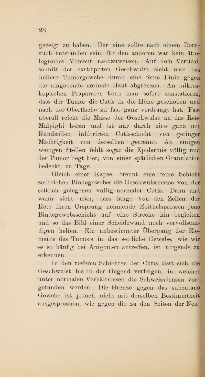 gezeigt zu haben. Der eine sollte nach einem Dorn¬ stich entstanden sein, für den anderen war kein ätio¬ logisches Moment nachzuweisen. Auf dem Vertical- schnitt der exstirpirten Geschwulst sieht man das hellere Tumorgewebe durch eine feine Linie gegen die umgebende normale Haut abgrenzen. An mikros¬ kopischen Präparaten kann man sofort constatieren, dass der Tumor die Cutis in die Höhe geschoben und nach der Oberfläche zu fast ganz verdrängt hat. Fast überall reicht die Masse der Geschwulst an das Rete Malpighi heran und ist nur durch eine ganz mit Rundzellen infiltrirten Cutisschicht von geringer Mächtigkeit von derselben getrennt. An einigen wenigen Stellen fehlt sogar die Epidermis völlig und der Tumor liegt hier, von einer spärlichen Granulation bedeckt, zu Tage. Gleich einer Kapsel trennt eine feine Schicht zellreichen Bindegewebes die Geschwulstmasse von der seitlich gelegenen völlig normaler Cutis. Dann und wann sieht man, dass lange von den Zellen der Rete ihren Ursprung nehmende Epithelsprossen jene Bindege websschicht auf eine Strecke hin begleiten und so das Bild einer Scheidewand noch vervollstän¬ digen helfen. Ein unbestimmter Übergang der Ele¬ mente des Tumors in das seitliche Gewebe, wie wir es so häufig bei Anigomen antreffen, ist nirgends zu erkennen. In den tieferen Schichten der Cutis lässt sich die Geschwulst bis in der Gegend verfolgen, in welcher unter normalen Verhältnissen die Schweissdrüsen vor¬ gefunden werden. Die Grenze gegen das subcutane Gewebe ist jedoch nicht mit derselben Bestimmtheit ausgesprochen, wie gegen die zu den Seiten der Neu-
