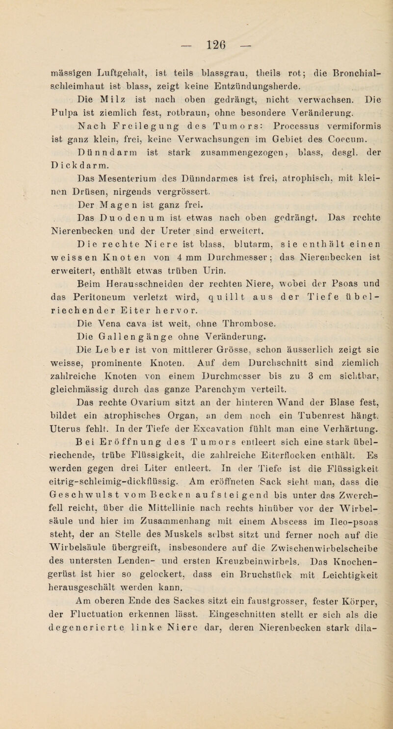 massigen Luftgehalt, ist teils blassgrau, theils rot; die Bronchial- s.clileimhaut ist blass, zeigt keine Entzündungsherde. Die Milz ist nach oben gedrängt, nicht verwachsen. Die Pulpa ist ziemlich fest, rotbraun, ohne besondere Veränderung. Nach Freilegung des Tumors: Processus vermiformis ist ganz klein, frei, keine Verwachsungen im Gebiet des Coecum. Dünndarm ist stark zusammengezogen, blass, desgl. der Dick d ar m. Das Mesenterium des Dünndarmes ist frei, atrophisch, mit klei¬ nen Drüsen, nirgends vergrössert. Der Magen ist ganz frei. Das Duodenum ist etwas nach oben gedrängt. Das rechte Nierenbecken und der Ureter sind erweitert. Die rechte Niere ist blass, blutarm, sie enthält einen weissen Knoten von 4mm Durchmesser; das Nierenbecken ist erweitert, enthält etwas trüben Urin. Beim Herausschneiden der rechten Niere, wobei der Psoas und das Peritoneum verletzt wird, quillt aus der Tiefe übel¬ riechender Eiter hervor. Die Vena cava ist weit, ohne Thrombose. Die Gallengänge ohne Veränderung. Die Leb er ist von mittlerer Grösse, schon äusserlich zeigt sie weisse, prominente Knoten. Auf dem Durchschnitt sind ziemlich zahlreiche Knoten von einem Durchmesser bis zu 3 cm sichtbar, gleichmässig durch das ganze Parenchym verteilt. Das rechte Ovarium sitzt an der hinteren Wand der Blase fest, bildet ein atrophisches Organ, an dem noch ein Tubenrest hängt. Uterus fehlt. In der Tiefe der Excavation fühlt man eine Verhärtung. Bei Eröffnung des Tumors entleert sich eine stark übel¬ riechende, trübe Flüssigkeit, die zahlreiche Eiterflocken enthält. Es werden gegen drei Liter entleert. In der Tiefe ist die Flüssigkeit eitrig-schleimig-dickflüssig. Am eröffneten Sack sieht man, dass die Geschwulst vom Becken aufsteigend bis unter das Zwerch¬ fell reicht, über die Mittellinie nach rechts hinüber vor der Wirbel¬ säule und hier im Zusammenhang mit einem Abscess im Ileo-psoas steht, der an Stelle des Muskels selbst sitzt und ferner noch auf die Wirbelsäule übergreift, insbesondere auf die Zwischenwirbelscheibe des untersten Lenden- und ersten Kreuzbeinwirbels. Das Knochen¬ gerüst ist hier so gelockert, dass ein Bruchstück mit Leichtigkeit herausgeschält werden kann. Am oberen Ende des Sackes sitzt ein faustgrosser, fester Körper, der Fluctuation erkennen lässt. Eingeschnitten stellt er sich als die degenerierte linke Niere dar, deren Nierenbecken stark dila-