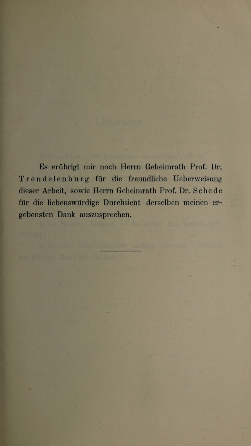 Es erübrigt mir noch Herrn Geheimrath Prof. Dr. Trendelenburg für die freundliche UeberWeisung dieser Arbeit, sowie Herrn Geheimrath Prof. Dr. Schede für die liebenswürdige Durchsicht derselben meinen er¬ gebensten Dank auszusprechen.