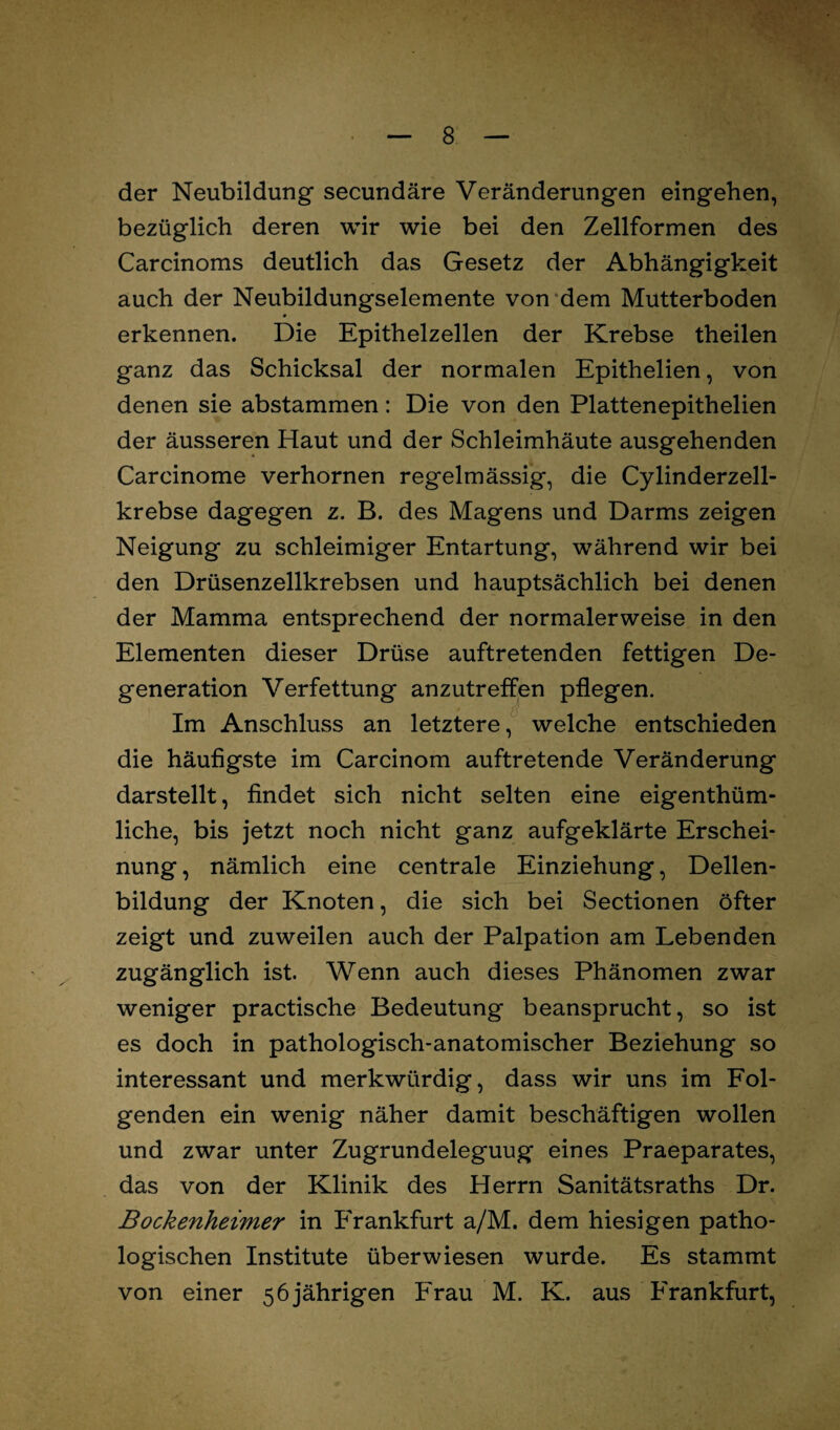 der Neubildung secundäre Veränderungen eingehen, bezüglich deren wir wie bei den Zellformen des Carcinoms deutlich das Gesetz der Abhängigkeit auch der Neubildungselemente von dem Mutterboden erkennen. Die Epithelzellen der Krebse theilen ganz das Schicksal der normalen Epithelien, von denen sie abstammen: Die von den Plattenepithelien der äusseren Haut und der Schleimhäute ausgehenden Carcinome verhornen regelmässig, die Cylinderzell¬ krebse dagegen z. B. des Magens und Darms zeigen Neigung zu schleimiger Entartung, während wir bei den Drüsenzellkrebsen und hauptsächlich bei denen der Mamma entsprechend der normalerweise in den Elementen dieser Drüse auftretenden fettigen De¬ generation Verfettung anzutreffen pflegen. Im Anschluss an letztere, welche entschieden die häufigste im Carcinom auftretende Veränderung darstellt, findet sich nicht selten eine eigenthüm- liche, bis jetzt noch nicht ganz aufgeklärte Erschei¬ nung , nämlich eine centrale Einziehung, Dellen¬ bildung der Knoten, die sich bei Sectionen öfter zeigt und zuweilen auch der Palpation am Lebenden zugänglich ist. Wenn auch dieses Phänomen zwar weniger practische Bedeutung beansprucht, so ist es doch in pathologisch-anatomischer Beziehung so interessant und merkwürdig, dass wir uns im Fol¬ genden ein wenig näher damit beschäftigen wollen und zwar unter Zugrundelegung eines Praeparates, das von der Klinik des Herrn Sanitätsraths Dr. Bockenheimer in Frankfurt a/M. dem hiesigen patho¬ logischen Institute überwiesen wurde. Es stammt von einer 56 jährigen Frau M. K. aus Frankfurt,