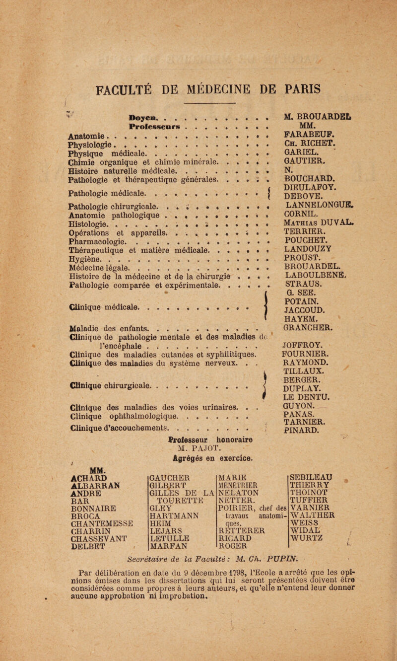 rvi ,p‘ 4t'1 Doyen.• • • Professeurs.• • Anatomie... Physiologie.. Physique médicale.. Chimie organique et chimie minérale. Histoire naturelle médicale.« Pathologie et thérapeutique générales. « . . ; . Pathologie médicale.. j Pathologie chirurgicale. Anatomie pathologique .»••••••••* Histologie.. Opérations et appareils. Pharmacologie. Thérapeutique et matière médicale. ...••» Hygiène. Médecine légale.. Histoire de la médecine et de la chirurgie .... Pathologie comparée et expérimentale. J Clinique médicale.. 1 Maladie des enfants.. Clinique de pathologie mentale et des maladies de l’encéphale. Clinique des maladies cutanées et syphilitiques. Clinique des maladies du système nerveux. . . Clinique chirurgicale Clinique des maladies des voies urinaires. . . Clinique ophthalmologique. Clinique d’accouchements. Professeur honoraire M. PAJOT. M. BROUARDEL MM. FARABEUF. Ch. RICHET. GARIEL. * GAUTIER. N. BOUCHARD. DIEULAFOY. DEBOYE. LANNELONGUE. CORNIL. Mathias DU VAL. TERRIER. POUCHET. LANDOUZY PROUST. BROUARDEL. LABOULBENE, STRAUS. G. SEE. POT AIN. JACCOUD. HAYEM. GRANCHER. JOFFROY. FOURNIER. RAYMOND. TILLAUX. BERGER. DUPLAY. LE DENTU. GUYON. PANAS. TARNIER. PINARD. MM. Agrégés en exercice. ACHARD GAUCHER MARIE ALBARRAN GILBERT MÉNÉTRIER ANDRE GILLES DE LA NELATON BAR TOURETTE NETTER. BONNAIRE GLEY POIRIER, chef des BROCA HARTMANN travaux anatomi¬ CHANTEMESSE HE IM ques. CHARRIN LEJARS RETTERER CHASSEYANT LETULLE RICARD DELBET MARFAN ROGER SEBILEAU THIERRY THOINOT TUFFIER VARNIER WALT HE R WEISS WIDAL WURTZ L Secrétaire de la Faculté : M. C'A. PUPIN. Par délibération en date du 9 décembre 1798, l’Ecole a arrêté que les opi¬ nions émises dans les dissertations qui lui seront présentées doivent être considérées comme propres à leurs auteurs, et qu’elle n’entend leur donner aucune approbation ni improbation.