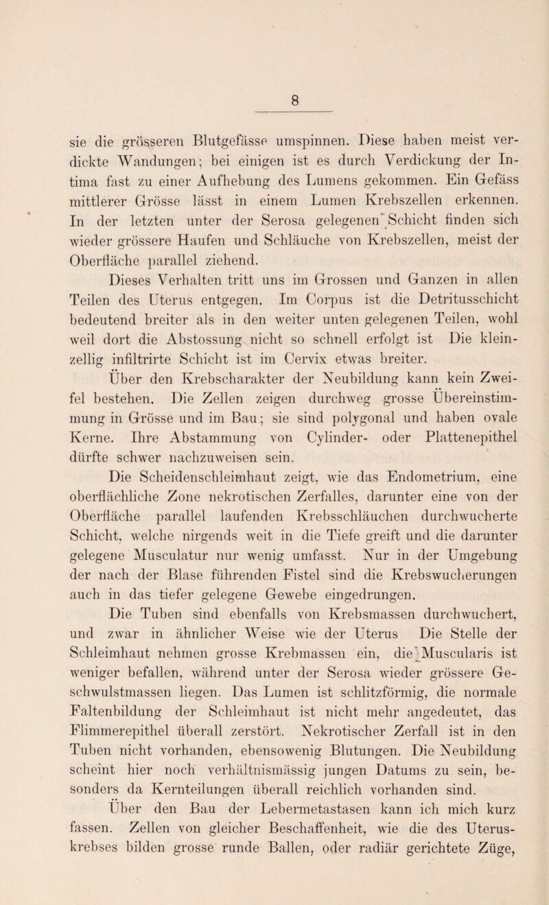 sie die grösseren Blutgefässe umspinnen. Diese haben meist ver¬ dickte Wandungen; bei einigen ist es durch Verdickung der In¬ tima fast zu einer Aufhebung des Lumens gekommen. Ein Gefäss mittlerer Grösse lässt in einem Lumen Krebszellen erkennen. In der letzten unter der Serosa gelegenen Schiebt finden sich wieder grössere Haufen und Schläuche von Krebszellen, meist der Oberfläche parallel ziehend. Dieses Verhalten tritt uns im Grossen und Ganzen in allen Teilen des Uterus entgegen. Im Corpus ist die Detritusschicht bedeutend breiter als in den weiter unten gelegenen Teilen, wohl weil dort die Abstossung nicht so schnell erfolgt ist Die klein¬ zellig infiltrirte Schicht ist im Cervix etwas breiter. • • Uber den Krebscharakter der Neubildung kann kein Zwei¬ fel bestehen. Die Zellen zeigen durchweg grosse Übereinstim¬ mung in Grösse und im Bau; sie sind polygonal und haben ovale Kerne. Ihre Abstammung von Cylinder- oder Plattenepithel dürfte schwer nachzuweisen sein. Die Scheidenschleimhaut zeigt, wie das Endometrium, eine oberflächliche Zone nekrotischen Zerfalles, darunter eine von der Oberfläche parallel laufenden Krebsschläuchen durchwucherte Schicht, welche nirgends weit in die Tiefe greift und die darunter gelegene Musculatur nur wenig umfasst. Nur in der Umgebung der nach der Blase führenden Fistel sind die Krebswucherungen auch in das tiefer gelegene Gewebe eingedrungen. Die Tuben sind ebenfalls von Krebsmassen durchwuchert, und zwar in ähnlicher Weise wie der Uterus Die Stelle der Schleimhaut nehmen grosse Krebmassen ein, die“Muscularis ist weniger befallen, während unter der Serosa wieder grössere Ge¬ schwulstmassen liegen. Das Lumen ist schlitzförmig, die normale Faltenbildung der Schleimhaut ist nicht mehr angedeutet, das Flimmerepithel überall zerstört. Nekrotischer Zerfall ist in den Tuben nicht vorhanden, ebensowenig Blutungen. Die Neubildung scheint hier noch verhältnismässig jungen Datums zu sein, be¬ sonders da Kernteilungen überall reichlich vorhanden sind. Uber den Bau der Lebermetastasen kann ich mich kurz fassen. Zellen von gleicher Beschaffenheit, wie die des Uterus¬ krebses bilden grosse runde Ballen, oder radiär gerichtete Züge,