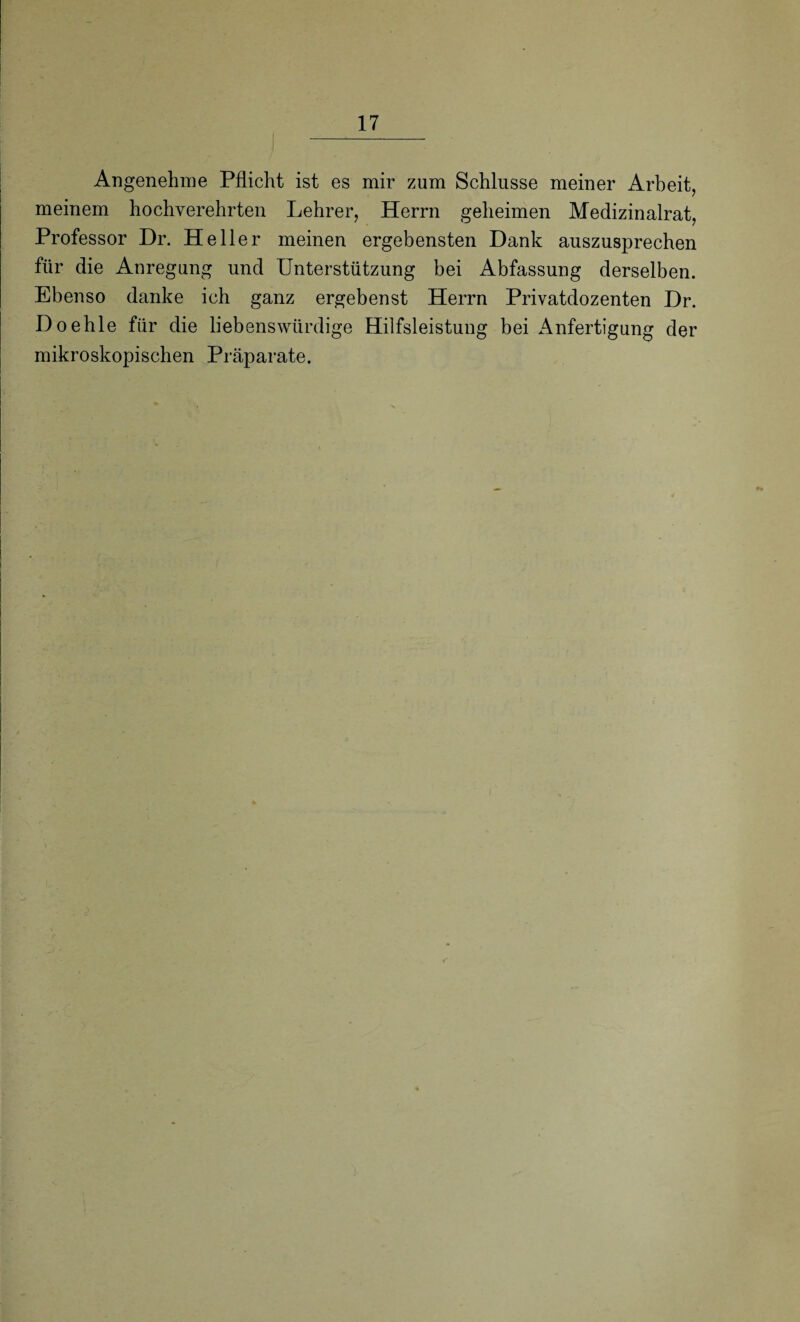 Angenehme Pflicht ist es mir zum Schlüsse meiner Arbeit, meinem hochverehrten Lehrer, Herrn geheimen Medizinalrat, Professor Dr. Heller meinen ergebensten Dank auszusprechen für die Anregung und Unterstützung bei Abfassung derselben. Ebenso danke ich ganz ergebenst Herrn Privatdozenten Dr. Doehle für die liebenswürdige Hilfsleistung bei Anfertigung der mikroskopischen Präparate.
