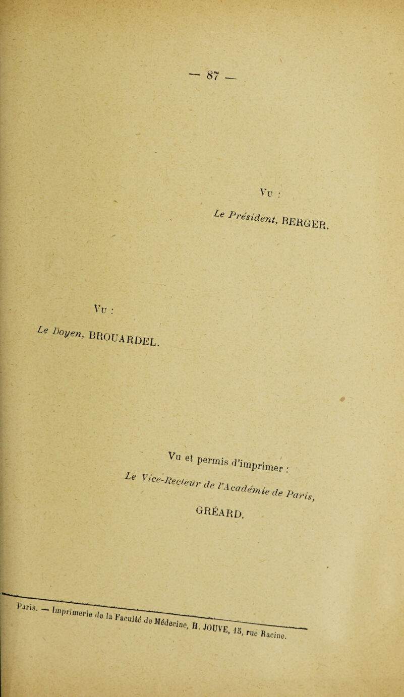 Le Président, BERGER. Vü : Ze Doyen’ bboüardel. Le Vu et permis T lCe-Ltecfeur de l\\ ^primer : CQdemie de Paris, gréard.