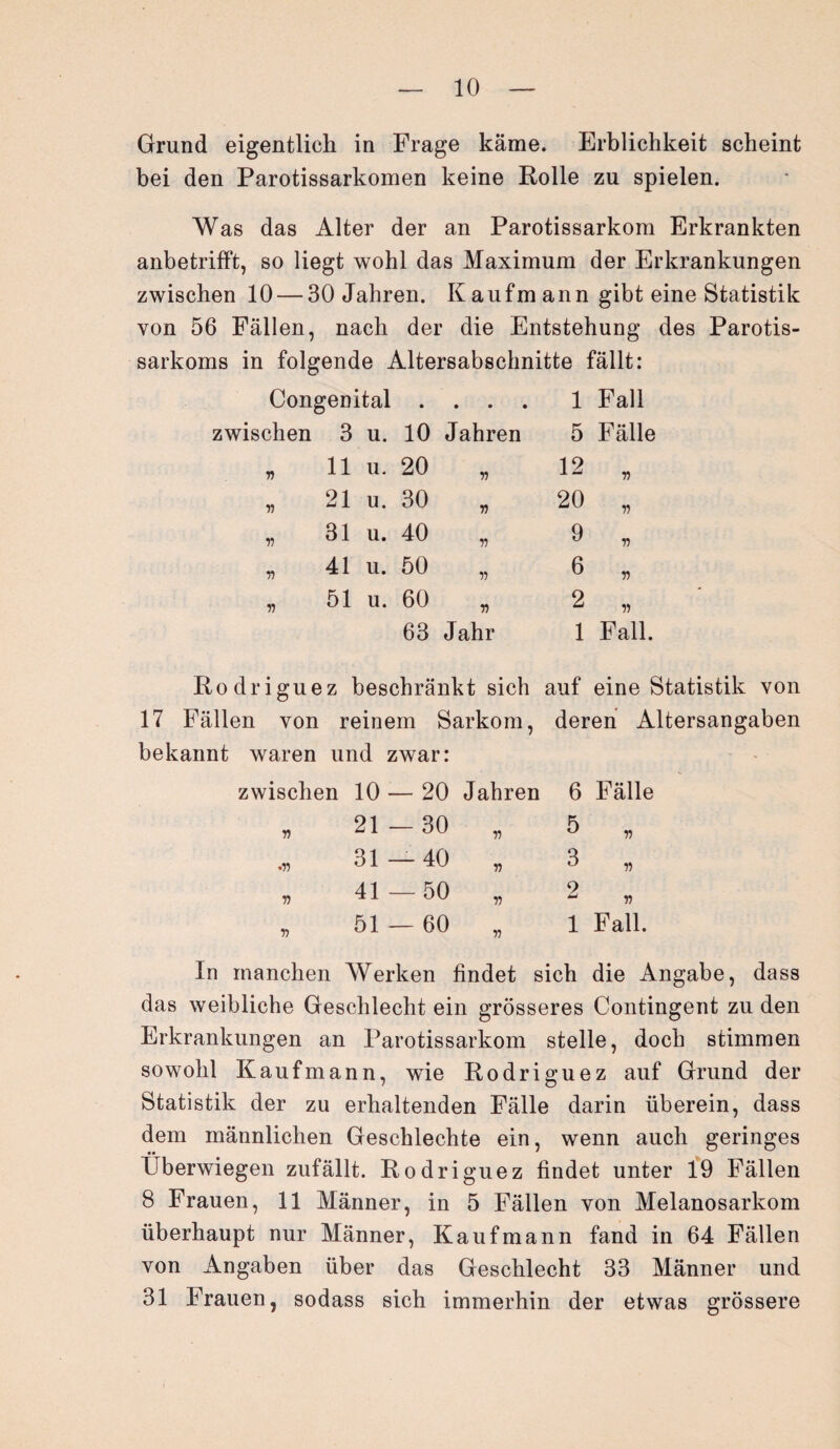 Grund eigentlich in Frage käme. Erblichkeit scheint bei den Parotissarkomen keine Rolle zu spielen. Was das Alter der an Parotissarkom Erkrankten anbetrifft, so liegt wohl das Maximum der Erkrankungen zwischen 10 — 30 Jahren. K aufm ann gibt eine Statistik von 56 Fällen, nach der die Entstehung des Parotis- sarkoms in folgende Altersabschnitte fällt: Congenital .... 1 Fall zwischen 3 u. 10 Jahren 5 Fälle » 11 u- 20 „ 12 „ „ 21 u. 30 „ 20 „ „ 31 u. 40 „ 9 „ 41 u. 50 „ 6 „ 51 u. 60 „ 2 „ 63 Jahr 1 Fall. V V Rodriguez beschränkt sich auf eine Statistik von 17 Fällen von reinem Sarkom, deren Altersangaben bekannt waren und zwar: zwischen 10 — 20 Jahren V •n » » 21 — 30 31—40 41 —50 51 — 60 n v v n 6 Fälle 5 3 9 1 Fall. In manchen Werken findet sich die Angabe, dass das weibliche Geschlecht ein grösseres Contingent zu den Erkrankungen an Parotissarkom stelle, doch stimmen sowohl Kaufmann, wie Rodriguez auf Grund der Statistik der zu erhaltenden Fälle darin überein, dass dem männlichen Geschlechte ein, wenn auch geringes _• • ' Uberwiegen zufällt. Rodriguez findet unter 19 Fällen 8 Frauen, 11 Männer, in 5 Fällen von Melanosarkom überhaupt nur Männer, Kaufmann fand in 64 Fällen von Angaben über das Geschlecht 33 Männer und 31 Frauen, sodass sich immerhin der etwas grössere