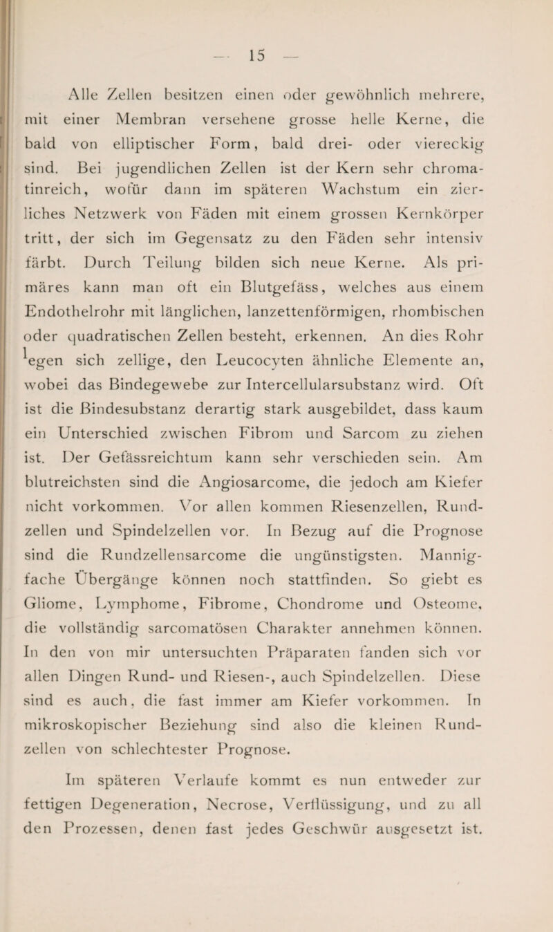 Alle Zellen besitzen einen oder gewöhnlich mehrere, mit einer Membran versehene grosse helle Kerne, die bald von elliptischer Form, bald drei- oder viereckig sind. Bei jugendlichen Zellen ist der Kern sehr chroma- tinreich, wofür dann im späteren Wachstum ein zier¬ liches Netzwerk von Fäden mit einem grossen Kernkörper tritt, der sich im Gegensatz zu den Fäden sehr intensiv färbt. Durch Teilung bilden sich neue Kerne. Als pri¬ märes kann man oft ein Blutgefäss, welches aus einem Endothelrohr mit länglichen, lanzettenförmigen, rhombischen oder quadratischen Zellen besteht, erkennen. An dies Rohr ^egen sich zellige, den Leucocvten ähnliche Elemente an, wobei das Bindegewebe zur Intercellularsubstanz wird. Oft ist die ßindesubstanz derartig stark ausgebildet, dass kaum ein Unterschied zwischen Fibrom und Sarcom zu ziehen ist. Der Gefässreichtum kann sehr verschieden sein. Am blutreichsten sind die Angiosarcome, die jedoch am Kiefer nicht Vorkommen. Vor allen kommen Riesenzellen, Rund¬ zellen und Spindelzellen vor. In Bezug auf die Prognose sind die Rundzellensarcome die ungünstigsten. Mannig¬ fache Übergänge können noch stattfinden. So giebt es Gliome, Lymphome, Fibrome, Chondrome und Osteome, die vollständig sarcomatösen Charakter annehmen können. In den von mir untersuchten Präparaten fanden sich vor allen Dingen Rund- und Riesen-, auch Spindelzellen. Diese sind es auch, die fast immer am Kiefer Vorkommen. In mikroskopischer Beziehung sind also die kleinen Rund¬ zellen von schlechtester Prognose. Im späteren Verlaufe kommt es nun entweder zur fettigen Degeneration, Necrose, Verflüssigung, und zu all den Prozessen, denen fast jedes Geschwür ausgesetzt ist.