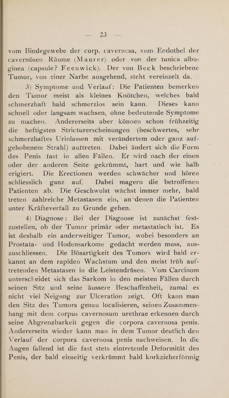 vom Bindegewebe der corp. cavernosa, vom Endothel der cavernösen Räume (Maurer) oder von der tunica albu- ginea (capsule? Feenwick). Der von Beck beschriebene Tumor, von einer Narbe ausgehend, steht vereinzelt da. 3) Symptome und Verlauf: Die Patienten bemerken den Tumor meist als kleines Knötchen, welches bald schmerzhaft hald schmerzlos sein kann. Dieses kann schnell oder langsam wachsen, ohne bedeutende Symptome zu machen. Andererseits aber können schon frühzeitig die heftigsten Stricturerscheinungen (beschwertes, sehr schmerzhaftes Urinlassen mit verändertem oder ganz auf¬ gehobenem Strahl) auftreten. Dabei ändert sich die Form des Penis fast in allen Fällen. Er wird nach der einen oder der anderen Seite gekrümmt, hart und wie halb erigiert. Die Erectionen werden schwächer und hören schliesslich ganz auf. Dabei magern die betroffenen Patienten ab. Die Geschwulst wächst immer mehr, bald treten zahlreiche Metastasen ein, an denen die Patienten unter Kräfteverfall zu Grunde gehen. 4) Diagnose : Bei der Diagnose ist zunächst fest¬ zustellen, ob der Tumor primär oder metastatisch ist. Es ist deshalb ein anderweitiger Tumor, wobei besonders an Prostata- und Hodensarkome gedacht werden muss, aus- zuschliessen. Die Bösartigkeit des Tumors wird bald er¬ kannt an dem rapiden Wachstum und den meist früh auf¬ tretenden Metastasen in die Leistendrüsen. Vom Carcinom unterscheidet sich das Sarkom in den meisten Fällen durch seinen Sitz und seine äussere Beschaffenheit, zumal es nicht viel Neigung zur Ulceration zeigt. Oft kann man den Sitz des Tumors genau localisieren, seinen Zusammen¬ hang mit dem corpus cavernosum urethrae erkennen durch seine Abgrenzbarkeit gegen die corpora cavernosa penis. Andererseits wieder kann man in dem Tumor deutlich den Verlauf der corpora cavernosa penis nachweisen. In die Augen fallend ist die fast stets eintretende Deformität des Penis, der bald einseitig verkrümmt bald korkzieherförmig