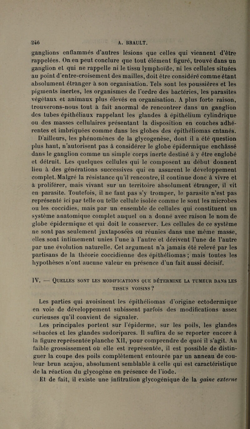 ganglions enflammés d’autres lésions que celles qui viennent d’être rappelées. On en peut conclure que tout élément figuré, trouvé dans un ganglion et qui ne rappelle ni le tissu lymphoïde, ni les cellules situées au point d’entre-croisement des mailles, doit être considéré comme étant absolument étranger à son organisation. Tels sont les poussières et les pigments inertes, les organismes de l’ordre des bactéries, les parasites végétaux et animaux plus élevés en organisation. A plus forte raison, trouverons-nous tout à fait anormal de rencontrer dans un ganglion des tubes épithéliaux rappelant les glandes à épithélium cylindrique ou des masses cellulaires présentant la disposition en couches adhé¬ rentes et imbriquées comme dans les globes des épithéliomas cntanés. D’ailleurs, les phénomènes de la glycogenèse, dont il a été question plus haut, n’autorisent pas à considérer le globe épidermique enchâssé dans le ganglion comme un simple corps inerte destiné à y être englobé et détruit. Les quelques cellules qui le composent au début donnent lieu à des générations successives qui en assurent le développement complet. Malgré la résistance qu’il rencontre, il continue donc à vivre et à proliférer, mais vivant sur un territoire absolument étranger, il vit en parasite. Toutefois, il ne faut pas s’y tromper, le parasite n’est pas représenté ici par telle ou telle cellule isolée comme le sont les microbes ou les coccidies, mais par un ensemble de cellules qui constituent un système anatomique complet auquel on a donné avec raison le nom de globe épidermique et qui doit le conserver. Les cellules de ce système ne sont pas seulement juxtaposées ou réunies dans une même masse, elles sont intimement unies l’une à l’autre et dérivent l’une de l’autre par une évolution naturelle. Cet argument n’a jamais été relevé par les partisans de la théorie coccidienne des épithéliomas ; mais toutes les hypothèses n’ont aucune valeur en présence d’un fait aussi décisif. IV. — Quelles sont les modifications que détermine la tumeur dans les tissus voisins? Les parties qui avoisinent les épithéliomas d’origine ectodermique en voie de développement subissent parfois des modifications assez curieuses qu’il convient de signaler. Les principales portent sur l’épiderme, sur les poils, les glandes sébacées et les glandes sudoripares. 11 suffira de se reporter encore à la figure représentée planche XII, pour comprendre de quoi il s’agit. Au faible grossissement où elle est représentée, il est possible de distin¬ guer la coupe des poils complètement entourée par un anneau de cou¬ leur brun acajou, absolument semblable à celle qui est caractéristique de la réaction du glycogène en présence de l’iode. Et de fait, il existe une infitration glycogénique de la gaine externe !