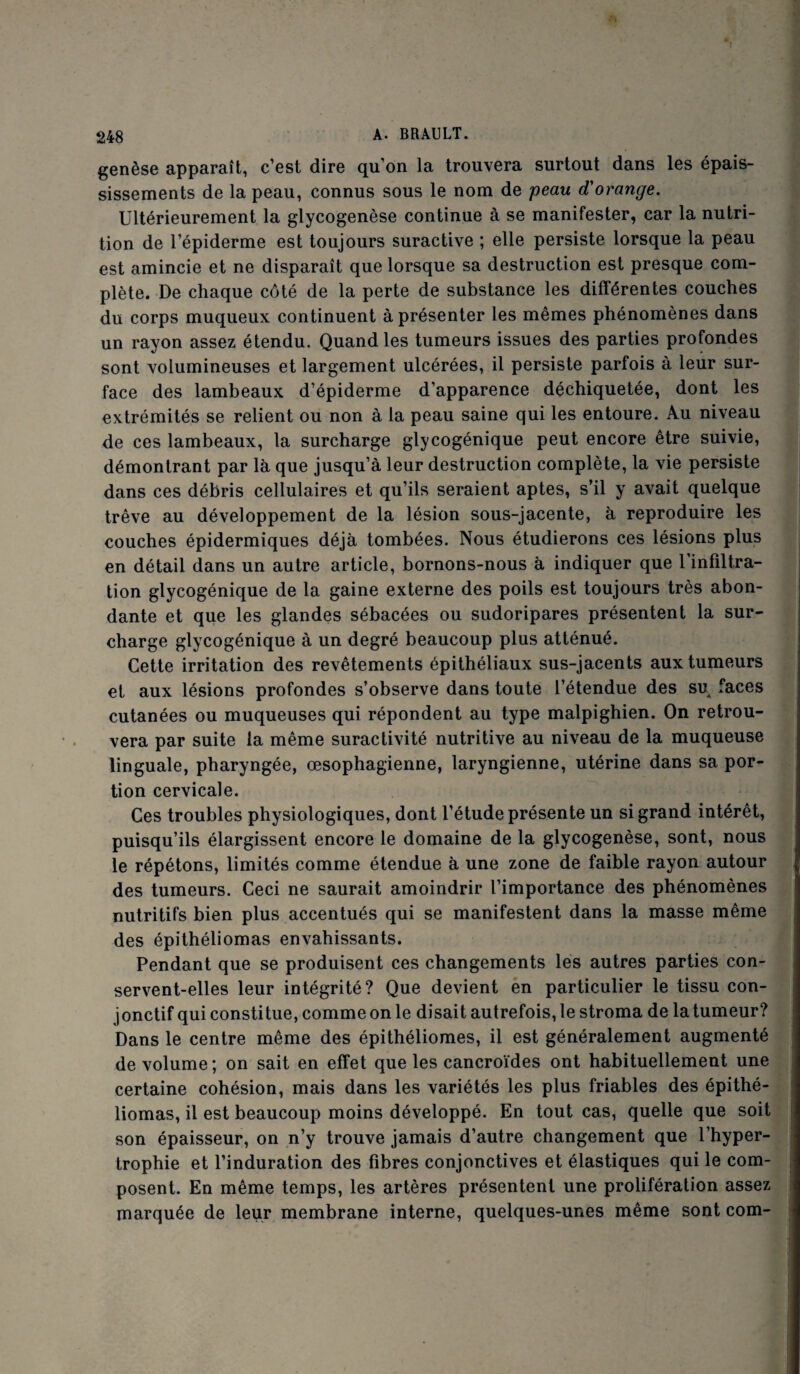 genèse apparaît, c’est dire qu’on la trouvera surtout dans les épais¬ sissements de la peau, connus sous le nom de peau d'orange. Ultérieurement la glycogenèse continue à se manifester, car la nutri¬ tion de l’épiderme est toujours suractive ; elle persiste lorsque la peau est amincie et ne disparaît que lorsque sa destruction est presque com¬ plète. De chaque côté de la perte de substance les différentes couches du corps muqueux continuent à présenter les mêmes phénomènes dans un rayon assez étendu. Quand les tumeurs issues des parties profondes sont volumineuses et largement ulcérées, il persiste parfois à leur sur¬ face des lambeaux d’épiderme d’apparence déchiquetée, dont les extrémités se relient ou non à la peau saine qui les entoure. Au niveau de ces lambeaux, la surcharge glycogénique peut encore être suivie, démontrant par là que jusqu’à leur destruction complète, la vie persiste dans ces débris cellulaires et qu’ils seraient aptes, s’il y avait quelque trêve au développement de la lésion sous-jacente, à reproduire les couches épidermiques déjà tombées. Nous étudierons ces lésions plus en détail dans un autre article, bornons-nous à indiquer que 1 infiltra¬ tion glycogénique de la gaine externe des poils est toujours très abon¬ dante et que les glandes sébacées ou sudoripares présentent la sur¬ charge glycogénique à un degré beaucoup plus atténué. Cette irritation des revêtements épithéliaux sus-jacents aux tumeurs et aux lésions profondes s’observe dans toute l’étendue des su faces cutanées ou muqueuses qui répondent au type malpighien. On retrou¬ vera par suite la même suractivité nutritive au niveau de la muqueuse linguale, pharyngée, œsophagienne, laryngienne, utérine dans sa por¬ tion cervicale. Ces troubles physiologiques, dont l’étude présente un si grand intérêt, puisqu’ils élargissent encore le domaine de la glycogenèse, sont, nous le répétons, limités comme étendue à une zone de faible rayon autour des tumeurs. Ceci ne saurait amoindrir l’importance des phénomènes nutritifs bien plus accentués qui se manifestent dans la masse même des épithéliomas envahissants. Pendant que se produisent ces changements les autres parties con¬ servent-elles leur intégrité? Que devient en particulier le tissu con¬ jonctif qui constitue, comme on le disait autrefois, le stroma de la tumeur? Dans le centre même des épithéliomes, il est généralement augmenté de volume; on sait en effet que les cancroïdes ont habituellement une certaine cohésion, mais dans les variétés les plus friables des épithé¬ liomas, il est beaucoup moins développé. En tout cas, quelle que soit son épaisseur, on n’y trouve jamais d’autre changement que l’hyper¬ trophie et l’induration des fibres conjonctives et élastiques qui le com¬ posent. En même temps, les artères présentent une prolifération assez marquée de leur membrane interne, quelques-unes même sont com-