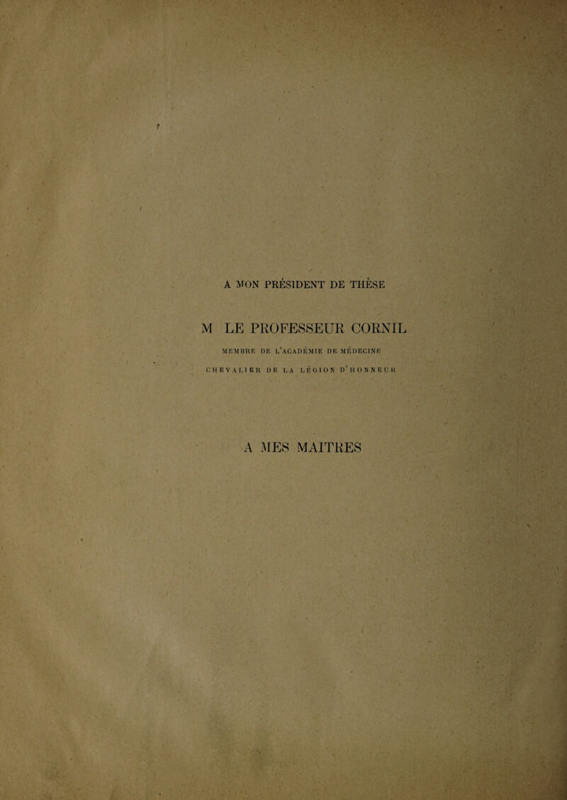 A MON PRÉSIDENT DE THESE M LE PROFESSEUR CORNIL MEMBRE DE L’ACADÉMIE DE MÉDECINE CHEVALIER DE LA LÉGION D’HONNEUR A MES MAITRES