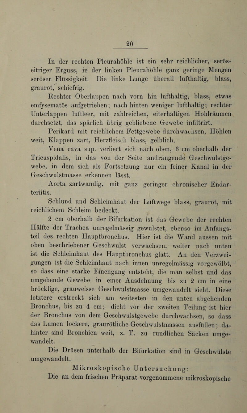 In der rechten Pleurahöhle ist ein sehr reichlicher, serös- eitriger Erguss, in der linken Pleurahöhle ganz geringe Mengen seröser Flüssigkeit. Die linke Lunge überall lufthaltig, blass, graurot, schiefrig. Rechter Oberlappen nach vorn hin lufthaltig, blass, etwas emfysematös aufgetrieben; nach hinten weniger lufthaltig; rechter Unterlappen luftleer, mit zahlreichen, eiterhaltigen Hohlräumen durchsetzt, das spärlich übrig gebliebene Gewebe infiltrirt. Perikard mit reichlichem Fettgewebe durchwachsen, Höhlen weit, Klappen zart, Herzfleisch blass, gelblich. Vena cava sup. verliert sich nach oben, 6 cm oberhalb der Tricuspidalis, in das von der Seite andrängende Geschwulstge¬ webe, in dem sich als Fortsetzung nur ein feiner Kanal in der Geschwulstmasse erkennen lässt. Aorta zartwandig, mit ganz geringer chronischer Endar- teriitis. Schlund und Schleimhaut der Luftwege blass, graurot, mit reichlichem Schleim bedeckt. 2 cm oberhalb der Bifurkation ist das Gewebe der rechten Hälfte der Trachea unregelmässig gewulstet, ebenso im Anfangs¬ teil des rechten Hauptbronchus. Hier ist die Wand aussen mit oben beschriebener Geschwulst verwachsen, weiter nach unten ist die Schleimhaut des Hauptbronchus glatt. An den Verzwei¬ gungen ist die Schleimhaut nach innen unregelmässig vorgewölbt, so dass eine starke Einengung entsteht, die man selbst und das umgebende Gewebe in einer Ausdehnung bis zu 2 cm in eine bröcklige, grauweisse Geschwulstmasse umgewandelt sieht. Diese letztere erstreckt sich am weitesten in den unten abgehenden Bronchus, bis zu 4 cm; dicht vor der zweiten Teilung ist hier der Bronchus von dem Geschwulstgewebe durchwachsen, so dass das Lumen lockere, graurötliche Geschwulstmassen ausfüllen; da¬ hinter sind Bronchien weit, z. T. zu rundlichen Säcken umge¬ wandelt. Die Drüsen unterhalb der Bifurkation sind in Geschwülste umgewandelt. Mikroskopische Untersuchung: Die an dem frischen Präparat vorgenommene mikroskopische