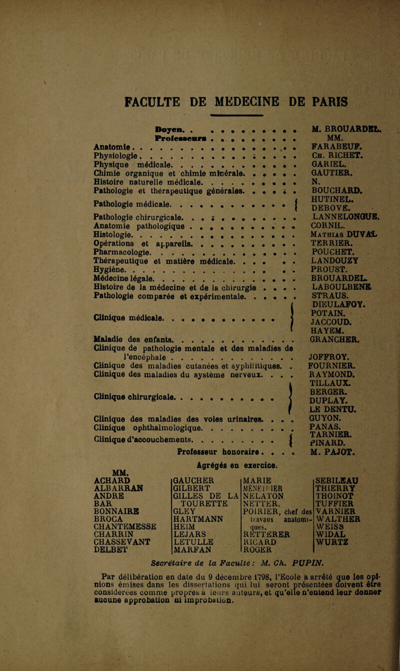 Doyen. . .•••••• Professeurs ••••••• Anatomie.. Physiologie. . . Physique médicale.• • • Chimie organique et chimie minérale. • • • Histoire naturelle médicale.. • Pathologie et thérapeutique générales. • • • Pathologie médicale.. Pathologie chirurgicale. Anatomie pathologique ..«..•••• Histologie... Opérations et appareils. ...••••• Pharmacologie.. Thérapeutique et matière médicale. . . • Hygiène.. Médecine légale.. Histoire de la médecine et de la chirurgie • • Pathologie comparée et expérimentale. . • • Clinique médicale Maladie des enfants. Clinique de pathologie mentale et des maladies de l’encéphale. Clinique des maladies cutanées et syphilitiques. . Clinique des maladies du système nerveux. . . . Clinique chirurgicale.. j Clinique des maladies des voies urinaires. . • . Clinique ophthalmologique. Clinique d’accouchements. | Professeur honoraire. • . . M. BROUARDEL. MM. FARABEUP. Ch. RICHET. GARIEL. GAUTIER. N. BOUCHARD. HUTINEL. DEBOVE. LANNELONQUE. CORNIL. Mathias DUVAL TERRIER. POUCHET. LANDOUZY PROUST. BROUARDEL. LABOULBENE, STRAUS. DIEULAFOY. POT AIN. JACCOUD. HAYEM. GRANCHER. JOFFROY. FOURNIER. RAYMOND. TILLAUX. BERGER. DUPLAY. LE DENTU. GUYON. PANAS. TARNIER. PINARD. M. PAJOT. MM. Agrégés en exercice. ACHARD GAUCHER MARIE ALBARRAN GILBERT AJ ÉN ETC 1ER ANDRE GILLES DE LA NELATON BAR TOURETTE NETTER. BONNAIRE GLEY POIRIER, chef des BROCA HARTMANN travaux anatomi¬ CHANTEMESSE HEIM ques. REITERER CHARRIN LEJARS CHASSE VANT LETULLE RICARD DELBET MARFAN ROGER SEBILEAU THIERRY THOINOT TUFFIER VARNIER WALTHER WEISS WIDAL WURTZ Secrétaire de la Faculté : M. Ch. PUPIN. Par délibération en date du 9 décembre 1798, l’Ecole a arrêté que les opi¬ nions émises dans les dissertations qui lui seront présentées doivent être considérées comme propres à leurs auteurs, et qu’elle n’entend leur donner aucune approbation ni improbation.