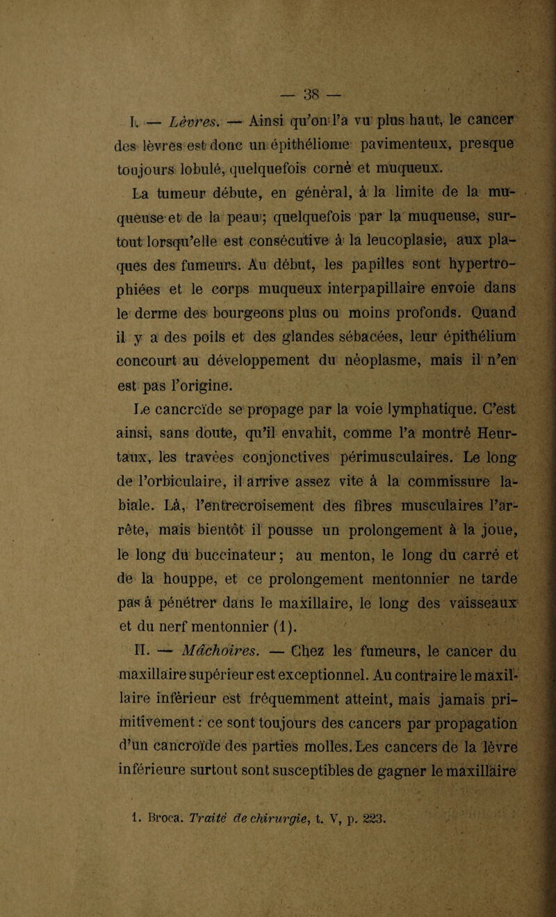 K — Lèvres. — Ainsi qu’on l’a vu plus haut, le cancer des lèvres est donc un épithéliome pavimenteux, presque toujours lobulé, quelquefois corné et muqueux. La tumeur débute, en général, à la limite de la mu¬ queuse et de la peau;; quelquefois par la muqueuse, sur¬ tout lorsqu’elle est consécutive à la leucoplasie, aux pla¬ ques des fumeurs. Au début, les papilles sont hypertro¬ phiées et le corps muqueux interpapillaire envoie dans le derme des bourgeons plus ou moins profonds. Quand il y a des poils et des glandes sébacées, leur épithélium concourt au développement du néoplasme, mais il n’en est pas l’origine. Le cancreïde se propage par la voie lymphatique. C’est ainsi, sans doute, qu’il envahit, comme l’a montré Heur- taux, les travées conjonctives périmusculaires. Le long de l’orbiculaire, il arrive assez vite à la commissure la¬ biale. Là, rentrecroisement des fibres musculaires l’ar¬ rête, mais bientôt il pousse un prolongement à la joue, le long du buccinateur ; au menton, le long du carré et de la houppe, et ce prolongement mentonnier ne tarde pas à pénétrer dans le maxillaire, le long des vaisseaux et du nerf mentonnier (1). IL — Mâchoires. — Chez les fumeurs, le cancer du maxillaire supérieur est exceptionnel. Au contraire le maxil¬ laire inférieur est fréquemment atteint, mais jamais pri¬ mitivement : ce sont toujours des cancers par propagation d’un cancroïde des parties molles. Les cancers de la lèvre inférieure surtout sont susceptibles de gagner le maxillaire 1. Broca. Traité de chirurgie, t. V, p. 223.