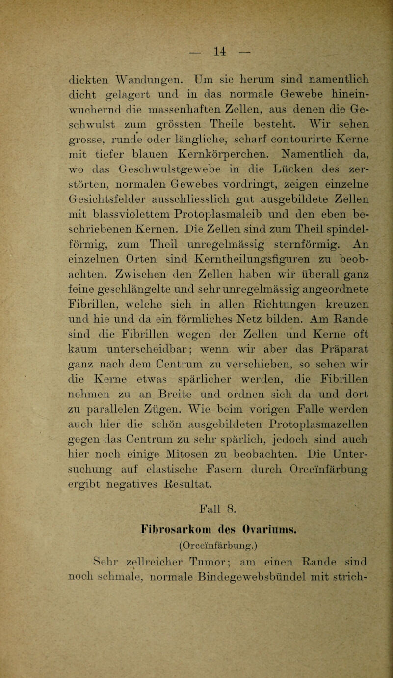 dickten Wandungen. Um sie herum sind namentlich dicht gelagert und in das normale Gewebe hinein¬ wuchernd die massenhaften Zellen, aus denen die Ge¬ schwulst zum grössten Theile besteht. Wir sehen grosse, runde oder längliche, scharf contourirte Kerne mit tiefer blauen Kernkörperchen. Namentlich da, wo das Geschwulstgewebe in die Lücken des zer¬ störten, normalen Gewebes vordringt, zeigen einzelne Gesichtsfelder ausschliesslich gut ausgebildete Zellen mit blassviolettem Protoplasmaleib und den eben be¬ schriebenen Kernen. Die Zellen sind zum Theil spindel¬ förmig, zum Theil unregelmässig sternförmig. An einzelnen Orten sind Kerntheilungsfiguren zu beob¬ achten. Zwischen den Zellen haben wir überall ganz feine geschlängelte und sehr unregelmässig angeordnete Fibrillen, welche sich in allen Richtungen kreuzen und hie und da ein förmliches Netz bilden. Am Rande sind die Fibrillen wegen der Zellen und Kerne oft kaum unterscheidbar; wenn wir aber das Präparat ganz nach dem Centrum zu verschieben, so sehen wir die Kerne etwas spärlicher werden, die Fibrillen nehmen zu an Breite und ordnen sich da und dort zu parallelen Zügen. Wie beim vorigen Falle werden auch hier die schön ausgebildeten Protoplasmazellen gegen das Centrum zu sehr spärlich, jedoch sind auch hier noch einige Mitosen zu beobachten. Die Unter¬ suchung auf elastische Fasern durch Orcei'nfärbung ergibt negatives Resultat. Fall 8. Fibrosarkom des (Bariums. (Orcei'nfärbung.) Sehr zellreicher Tumor; am einen Rande sind noch schmale, normale Bindegewebsbündel mit strich-