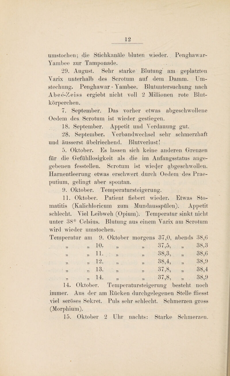 umstochen; die Stichkanäle bluten wieder. Penghawar- Yambee zur Tamponade. 29. August. Sehr starke Blutung am geplatzten Yarix unterhalb des Scrotum auf dem Damm, üm- stechung. Penghawar - Yambee. Blutuntersuchung nach Abee-Zeiss ergiebt nicht voll 2 Millionen rote Blut¬ körperchen. 7. September. Das vorher etwas abgeschwollene Oedem des Scrotum ist wieder gestiegen. 18. September. Appetit und Yerdauung gut. 28, September. A^erbandwechsel sehr schmerzhaft und äusserst übelriechend. Blutverlust! 5. Oktober. Es lassen sich keine anderen Girenzen für die Gefühllosigkeit als die im Anfangsstatus ange- o-ebenen fesstellen. Scrotum ist wieder abg-eschwollen. Harnentleerung etwas erschwert durch Oedem des Prae- pntium, gelingt aber spontan. 9. Oktober. Temperatursteigerung. 11. Oktober. Patient fiebert wieder. Etwas Sto¬ matitis (Kalichloricum zum Mundausspülen). Appetit schlecht. Yiel Leibweh (Opium). Temperatur sinkt nicht unter 38^ Celsius. Blutung aus einem Yarix am Scrotum wird wieder umstochen. Temperatur am 9. Oktober morgens 37,0, abends 38,6 V 57 10. 55 55 37,5, 55 38,3 » 5? 11. 55 55 38,3, 55 38,6 n 55' 12. 55 55 38,4, 55 38,9 55 55 13. 55 55 37,8, 55 38,4 55 55 14. 55 55 37,8, 55 38,9 14. Oktober. Temperatursteigernng besteht noch immer. Aus der am Bücken durcho*ele2,‘enen Stelle fliesst viel seröses Sekret. Puls selir schlecht. Schmerzen gross (Morphium). 15. Oktober 2 Uhr nachts: Starke Schmerzen.