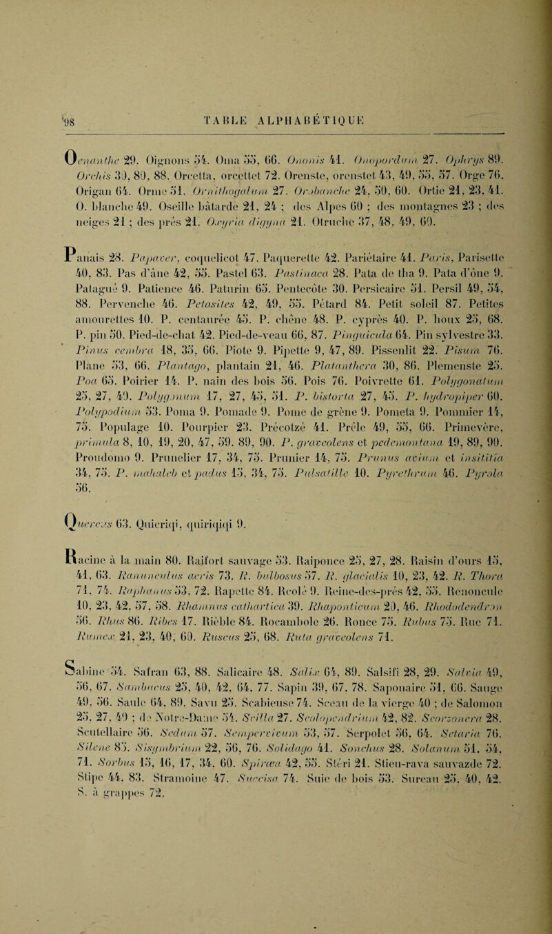 Oeman the 29. Oignons 54. Oma 53, 06. Ononis 41. Onopordum 27. Ophrys 89. Orchis 30, 80, 88. Greet ta, orcettet 72. Orcnste, orenstet 43, 49, 55, 37. Orge 7G. Origan 04. Ormeol. Ornithogalum 27. Ombanche 24, 30, 60. Ortie 21, 23, 41. O. blanche 49. Oseille batarde 21, 24 ; des Alpes GO ; des montagnes 23 ; des neiges 21 ; des pres 21. Oxyria digyna 21. Otruchc 37, 48, 49, GO. P anais 28. Pa,paver, coqnelicot 47. Paquerette 42. Parietal re 41. Paris, Parisette 40, 83. Pas d’ane 42, 33. Pastel G3. Pastinaca 28. Pata de tha 9. Pata d’dne 9. Patague 9. Patience 46. Paturin 63. Pentecote 30. Persicaire 31. Persil 49, 34, 88. Pervenclie 46. Pctasites 42, 49, 33. Petard 84. Petit soleil 87. Petites amourettes 10. P. centanree 43. P. chene 48. P. cypres 40. P. lioux 23, 68. P. pin 30. Pied-de-cliat 42. Pied-de-veau 66, 87. Pinguicula 64. Pin sylvestre 33. Pin-us cernbra 18, 33, 66. Piote 9. Pipette 9, 47, 89. Pissenlit 22. Pisum 76. Plane 33, 66. Plantago, plantain 21, 46. Platanthera 30, 86. Plemenste 23. Poa 63. Poirier 14. P. nain des hois 36. Pois 76. Poivrette 61. Polygonatum 23, 27, 40. Polygonum 17, 27, 43, 31. P. bistorta 27, 43. P. hydropiper 60. Polypodium 33. Poma 9. Pomade 9. Pome de grene 9. Ponieta 9. Pommicr 14, 73. Popnlage 10. Ponrpier 23. Precotze 41. Prele 49, 33, 66. Primevere, primula 8, 10, 19, 20, 47, 39. 89, 90. P. graveolens et pedemontana 19, 89, 90. Prondomo 9. Prunelier 17, 34, 73. Prunier 14, 73. Primus avium et insititia 34, 73. P. rnahaleb et padus 13, 34, 73. Pulsatilla 10. Pyre thrum 46. Pyrola 36. Quercus 63. Qnieriqi, qniriqiqi 9. Racine a la main 80. Raifort sauvage 33. llaiponce 23, 27, 28. Raisin d’ours 13, 41, 63. Ranunculus acris 73. R. bulbosus 37. R. glacialis 10, 23, 42. R. Thor a 71, 74. Raphan us 33, 72. Rapette 84. Rcole 9. Reine-des-pres 42, 33. Rcnoncnle 10, 23, 42, 37, 38. Rhamnus cathartica 39. Rhaponticum 20, 46. Rhododendron 36. Rhus 86. Ribes 17. Rieblc 84. Rocambole 26. Ronce 73. Rubus 73. Rne 71. Rum ex 21. 23, 40, 60. Ruscus 23, 68. Rut a graveolens 71. Sabine 34. Safran 63, 88. Salicaire 48. Salic 64, 89. Salsifi 28, 29. Salvia 49, 36, 67. Sambucus 23, 40, 42, 04, 77. Sapin 39, 67. 78. Saponaire 31, 66. Sauge 49, 36. Sanle 64, 89. Savn 23. Scabiense 74. Scean de lavierge 40 ; de Salomon 23, 27, 40 ; do Aotro-Da:nc 34. S cilia 27. aS' colope ad'r ium 42, 82. Scorzonera 28. Sculellaire 36. Sed.um 37. Sempervioum 33, 37. Serpolet 36, 64. Setaria 76. Sdene 83. Sisymbrium 22, 36, 76. Solidago 41. Sonchus 28. Solanum 51. 54. 71. Sorbus 15, 16, 17, 34, 60. Spircea 42, 55. Steri 21. Stien-rava sauvazde 72. Stipe 44, 83. Stramoine 47. Succisci 74. Side de hois 53. Sureati 23, 40, 42. S. a grappes 72.