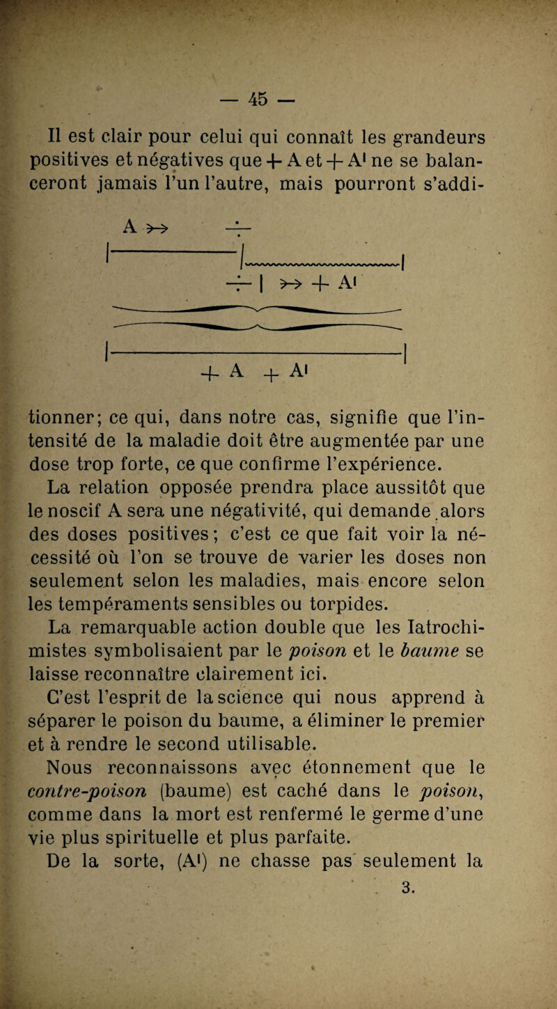 Il est clair pour celui qui connaît les grandeurs positives et négatives que 4- A et + AI ne se balan¬ ceront jamais l’un l’autre, mais pourront s’addi- A >-> — T I -f- A> 4- A + Ai tionner; ce qui, dans notre cas, signifie que l’in¬ tensité de la maladie doit être augmentée par une dose trop forte, ce que confirme l’expérience. La relation opposée prendra place aussitôt que le noscif A sera une négativité, qui demande alors des doses positives; c’est ce que fait voir la né¬ cessité où l’on se trouve de varier les doses non seulement selon les maladies, mais encore selon les tempéraments sensibles ou torpides. La remarquable action double que les Iatrochi- mistes symbolisaient par le poison et le baume se laisse reconnaître clairement ici. C’est l’esprit de la science qui nous apprend à séparer le poison du baume, a éliminer le premier et à rendre le second utilisable. Nous reconnaissons avec étonnement que le contre-poison (baume) est caché dans le poison, comme dans la mort est renfermé le germe d’une vie plus spirituelle et plus parfaite. De la sorte, (Ai) ne chasse pas seulement la 3.