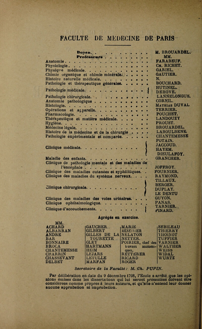 Doyen. . . Professeurs. Anatomie... Physiologie. Physique médicale.. • Chimie organique et chimie minérale. . . • Histoire naturelle médicale.. Pathologie et thérapeutique générales. • • • Pathologie médicale.. • . Pathologie chirurgicale. ...••••• Anatomie pathologique.. Histologie.. Opérations et appareils.. • • • Pharmacologie... Thérapeutique et matière médicale. . . • Hygiène. Médecine légale.. Histoire de la médecine et de la chirurgie . • Pathologie expérimentale et comparée. . . . Clinique médicale. Maladie des enfants Clinique de pathologie mentale et des maladies de l’encéphale .. Clinique des maladies cutanées et syphilitiques. . Clinique des maladies du système nerveux. . . . Clinique chirurgicale Clinique des maladies des voies urinaires. . . . Clinique ophthalmologique. Clinique d’accouchements. M. BROUARDEL. MM. FARABEUF. Ch. RICHET. GARIEL. GAUTIER. N. BOUCHARD. HUTINEL. DEBOVE. LANNELONGUE. CORNIL. Mathias DU VAL TERRIER. POUCHET. LANDOUZY PROUST. BROUARDEL. LABOULBENE, CHANTEMESSE POT AIN. JACCOUD. HAYEM. DIEULAFOY. GRANCHER. JOFFROY. FOURNIER. RAYMOND. TILLAUX. BERGER. DUPLAY. LE DENTU GUYON. PANAS. TARNIER.. PINARD. MM. ACHARD ALBARRAN ANDRE BAR BONNAIRE BROCA CHANTEMESSE CBARRIN CHASSEVANT DELBET Agrégés en exercice. GAUCHER MARIE GILBERT MÈNE il : 1ER GILLES DE LA NELATON TOURETTE NETTER. GLEY POIRIER, chef des HARTMANN travaux anatomi¬ HE1M ques. LEJARS REITERER LETULLE RICARD MARFAN ROGER SEB1LEAU THIERRY rl 1101N OT TUFFIER VARN1ER WA LT HER WEISS W1DAL WURTZ Secrétaire de la Faculté : M. Ch. PUPIN. Par délibération en date du 9 décembre 1738, l’Ecole a arrêté que les opi¬ nions émises dans les dissertations qui lui seront présentées doivent être considérées comme propres à leurs auteurs, et qu’elle n’entend leur donner aucune approbation ni improbation.