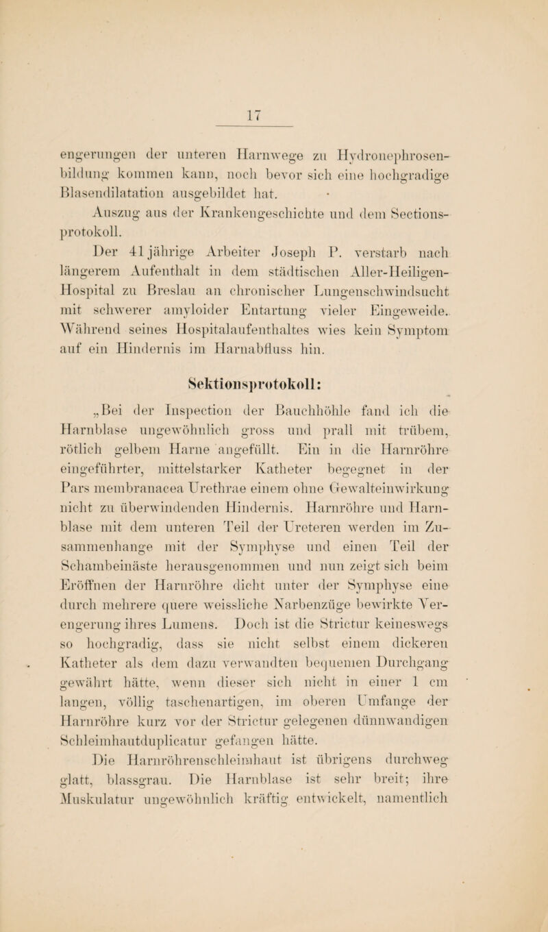 engerungen der unteren Harnwege zu Hydronephrosen- bildung kommen kann, noch bevor sich eine hochgradige v ' o o Blasendilatation ausgebildet hat. Auszug aus der Krankengeschichte und dem Sections- protokoll. Der 41jährige Arbeiter Joseph P. verstarb nach längerem Aufenthalt in dem städtischen Aller-Heiligen- Hospital zu Breslau an chronischer Lungenschwindsucht mit schwerer amyloider Entartung vieler Eingeweide. Während seines Hospitalaufenthaltes wies kein Symptom auf ein Hindernis im Harnabfluss hin. Sektionsprotokoll: „Bei der Inspection der Bauchhöhle fand ich die Harnblase ungewöhnlich gross und prall mit trübem, rötlich gelbem Harne angefüllt. Ein in die Harnröhre eingeführter, mittelstarker Katheter begegnet in der Pars membranacea Urethrae einem ohne Gewalteinwirkung nicht zu überwindenden Hindernis. Harnröhre und Harn¬ blase mit dem unteren Teil der TJreteren werden im Zu¬ sammenhänge mit der Symphyse und einen Teil der Schambeinäste herausgenommen und nun zeigt sich beim Eröffnen der Harnröhre dicht unter der Symphyse eine durch mehrere quere weissliche Narbenzüge bewirkte Ver¬ engerung ihres Lumens. Doch ist die Strictur keineswegs so hochgradig, dass sie nicht selbst einem dickeren Katheter als dem dazu verwandten bequemen Durchgang gewährt hätte, wenn dieser sich nicht in einer 1 cm langen, völlig taschenartigen, im oberen Umfange der Harnröhre kurz vor der Strictur gelegenen dünnwandigen Schleimhautduplieatur gefangen hätte. Die Harnröhrenschleimhaut ist übrigens durchweg glatt, blassgrau. Die Harnblase ist sehr breit; ihre 0/0 Muskulatur ungewöhnlich kräftig entwickelt, namentlich