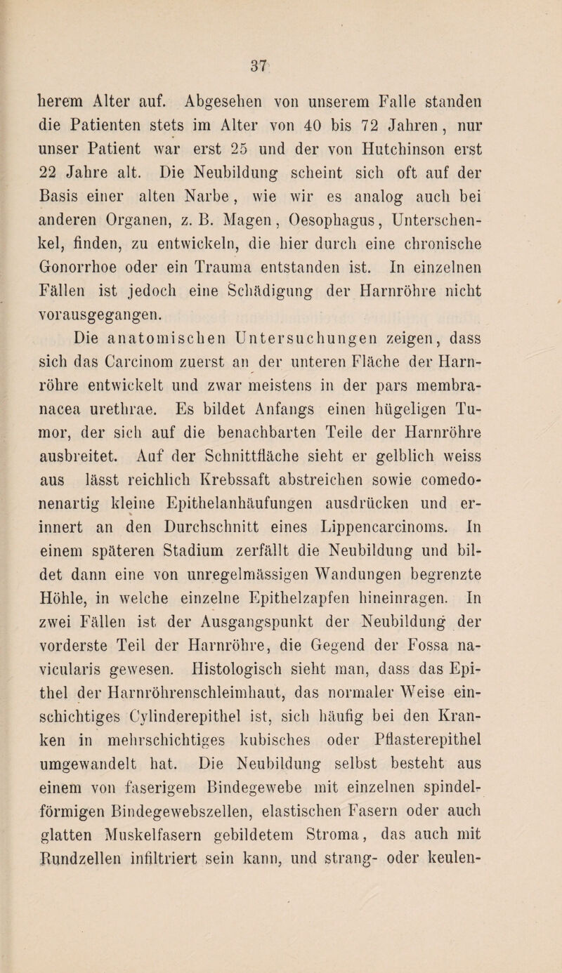 herein Alter auf. Abgesehen von unserem Falle standen die Patienten stets im Alter von 40 bis 72 Jahren, nur unser Patient war erst 25 und der von Hutchinson erst 22 Jahre alt. Die Neubildung scheint sich oft auf der Basis einer alten Narbe, wie wir es analog auch bei anderen Organen, z. B. Magen, Oesophagus, Unterschen¬ kel, finden, zu entwickeln, die hier durch eine chronische Gonorrhoe oder ein Trauma entstanden ist. In einzelnen Fällen ist jedoch eine Schädigung der Harnröhre nicht vorausgegangen. Die anatomischen Untersuchungen zeigen, dass sich das Carcinom zuerst an der unteren Fläche der Harn¬ röhre entwickelt und zwar meistens in der pars membra- nacea uretkrae. Es bildet Anfangs einen hügeligen Tu¬ mor, der sich auf die benachbarten Teile der Harnröhre ausbreitet. Auf der Schnittfläche sieht er gelblich weiss aus lässt reichlich Krebssaft abstreichen sowie comedo- nenartig kleine Epithelanhäufungen ausdrücken und er¬ innert an den Durchschnitt eines Lippencarcinoms. In einem späteren Stadium zerfällt die Neubildung und bil¬ det dann eine von unregelmässigen Wandungen begrenzte Höhle, in welche einzelne Epithelzapfen hineinragen. In zwei Fällen ist der Ausgangspunkt der Neubildung der vorderste Teil der Harnröhre, die Gegend der Fossa na- vicularis gewesen. Histologisch sieht man, dass das Epi¬ thel der Harnröhrenschleimhaut, das normaler Weise ein¬ schichtiges Cylinderepithel ist, sich häufig bei den Kran¬ ken in mehrschichtiges kubisches oder Pfiasterepithel umgewandelt hat. Die Neubildung selbst besteht aus einem von faserigem Bindegewebe mit einzelnen spindeF förmigen Bindegewebszellen, elastischen Fasern oder auch glatten Muskelfasern gebildetem Stroma, das auch mit Bundzellen infiltriert sein kann, und sträng- oder keulen-