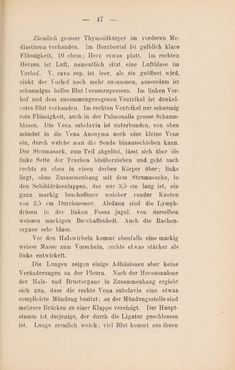 Ziemlich grosser Tliymoidkörper im vorderen Me¬ diastinum vorhanden. Im Herzbeutel ist gelblich klare Flüssigkeit, 10 cbcm; Herz etwas platt. Im rechten Herzen ist Luft, namentlich sitzt eine Luftblase im Vorhof. V. cava sup. ist leer, als sie geöffnet wird, sinkt der Vorhof noch mehr zusammen, ausserdem ist schaumiges helles Blut 1 erauszupressen. Im linken Vor¬ hof und dem zusammengezogenen Ventrikel ist dunkel¬ rotes Blut vorhanden. Im rechten Ventrikel nur schaumig rote Flüssigkeit, auch in der Pulmonalis grosse Schaum¬ blasen. Die Vena subclavia ist unterbunden, von oben mündet in die Vena Anonyma noch eine kleine Vene ein, durch welche man die Sonde hinausschieben kann. Der Strumasack, zum Teil abgelöst, lässt sich über die linke Seite der Trachea hinüberziehen und geht nach rechts zu oben in einen derben Körper über; links liegt, ohne Zusammenhang mit dem Strumasacke, in den Schilddrüsenlappen, der nur 8,5 cm lang ist, ein ganz markig beschaffener weicher runder Knoten von 2,5 cm Durchmesser. Alsdann sind die Lymph- drüsen in der linken Fossa jugul. von derselben weissen markigen Beschaffenheit. Auch die Rachen¬ organe sehr blass. Vor den Halswirbeln kommt ebenfalls eine markig weisse Masse zum Vorschein, rechts etwas stärker als links entwickelt. Die Lungen zeigen einige Adhäsionen aber keine Veränderungen au der Pleura. Nach der Herausnahme der Hals- und Brustorgane in Zusammenhang ergiebt sich nun, dass die rechte Vena subclavia eine etwas complicirte Mündung besitzt; an der Mündungsstelle sind mehrere Brücken zu einer Klappe vereinigt. Der Haupt¬ stamm ist derjenige, der durch die Ligatur geschlossen ist. Lunge ziemlich weich; viel Blut kommt aus ihnen