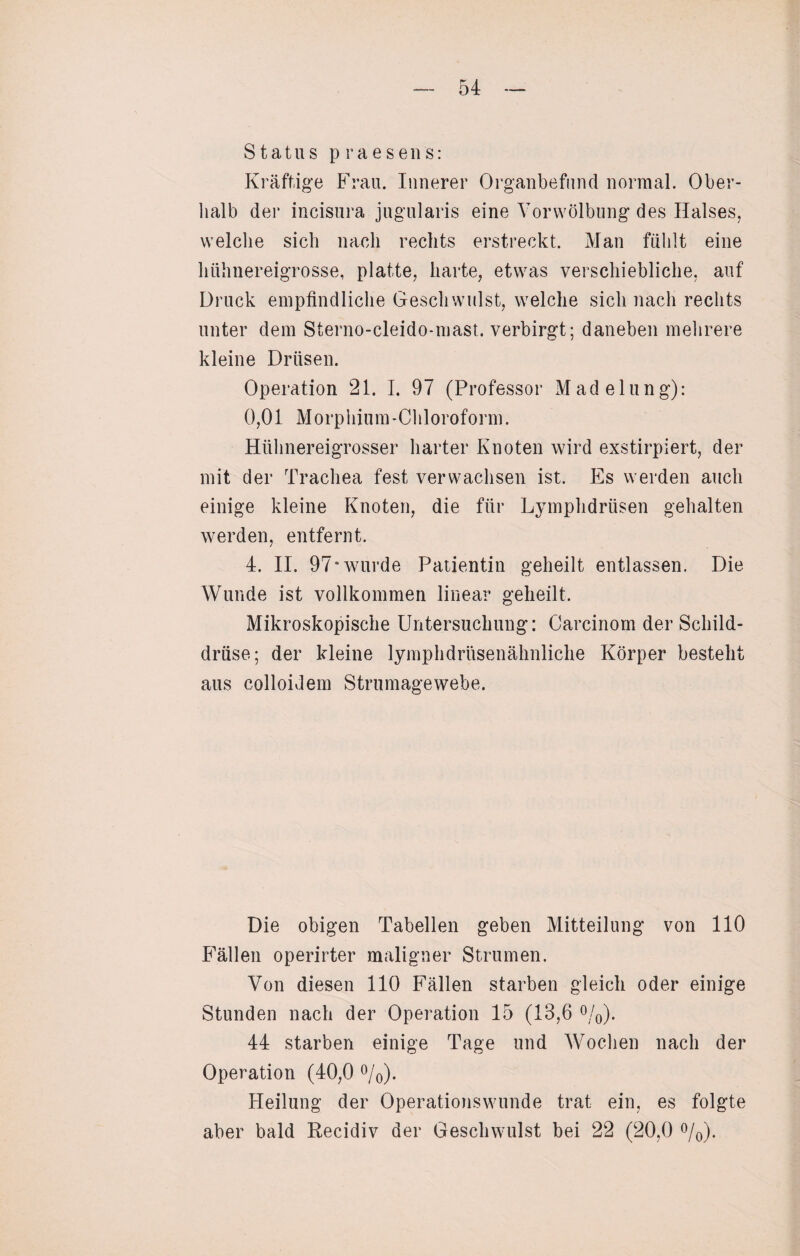 Status praesens: Kräftige Frau. Innerer Organbefund normal. Ober¬ halb der incisura jugularis eine Vor Wölbung des Halses, welche sich nach rechts erstreckt. Man fühlt eine hühnereigrosse, platte, harte, etwas verschiebliche, auf Druck empfindliche Gesch wulst, welche sich nach rechts unter dem Sterno-cleido-mast. verbirgt; daneben mehrere kleine Drüsen. Operation 21. I. 97 (Professor Madelung): 0,01 Morphium-Chloroform. Hühnereigrosser harter Knoten wird exstirpiert, der mit der Trachea fest verwachsen ist. Es werden auch einige kleine Knoten, die für Lymphdrüsen gehalten werden, entfernt. 4. II. 97* wurde Patientin geheilt entlassen. Die Wunde ist vollkommen linear geheilt. Mikroskopische Untersuchung: Carcinom der Schild¬ drüse; der kleine lymphdrüsenähnliche Körper besteht aus colloidem Strumagewebe. Die obigen Tabellen geben Mitteilung von 110 Fällen operirter maligner Strumen. Von diesen 110 Fällen starben gleich oder einige Stunden nach der Operation 15 (13,6 %). 44 starben einige Tage und Wochen nach der Operation (40,0 %). Heilung der Operationswunde trat ein, es folgte aber bald Recidiv der Geschwulst bei 22 (20,0 °/0).