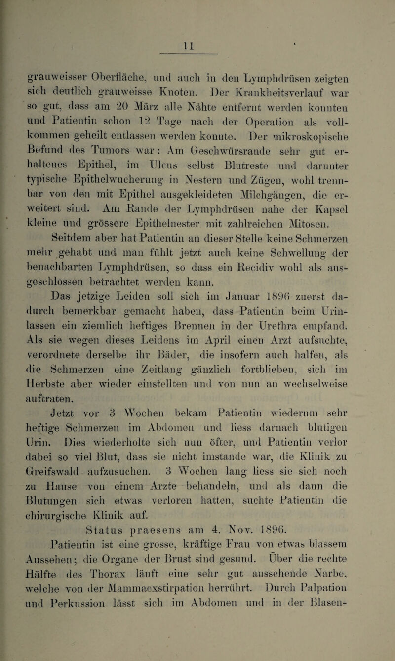 grauweisser Oberfläche, und auch in den Lymphdrüsen zeigten sich deutlich grauweisse Knoten. Der Krankheitsverlauf war so gut, dass am 20 März alle Nähte entfernt werden konnten und Patientin schon 12 Tage nach der Operation als voll¬ kommen geheilt entlassen werden konnte. Der mikroskopische Befund des Tumors war: Am Geschwürsrande sehr mit er- / O haltenes Epithel, im Ulcus selbst Blutreste und darunter typische Epithelwucherung in Nestern und Zügen, wohl trenn¬ bar von den mit Epithel ausgekleideten Milchgängen, die er¬ weitert sind. Am Bande der Lymphdrüsen nahe der Kapsel kleine und grössere Epithelnester mit zahlreichen Mitosen. Seitdem aber hat Patientin an dieser Stelle keine Schmerzen mehr gehabt und man fühlt jetzt auch keine Schwellung der benachbarten Lymphdrüsen, so dass ein Becidiv wohl als aus¬ geschlossen betrachtet werden kann. Das jetzige Leiden soll sich im Januar 1896 zuerst da¬ durch bemerkbar gemacht haben, dass Patientin beim Urin¬ lassen ein ziemlich heftiges Brennen in der Urethra empfand. Als sie wegen dieses Leidens im April einen Arzt aufsuchte, verordnete derselbe ihr Bäder, die insofern auch halfen, als die Schmerzen eine Zeitlang gänzlich fortblieben, sich im Herbste aber wieder einstellten und von nun an wechselweise auf traten. Jetzt vor 3 Wochen bekam Patientin wiederum sehr heftige Schmerzen im Abdomen und liess darnach blutigen Urin. Dies wiederholte sich nun öfter, und Patientin verlor dabei so viel Blut, dass sie nicht imstande war, die Klinik zu Greifswald aufzusuchen. 3 Wochen lang liess sie sich noch zu Hause von einem Arzte behandeln, und als dann die Blutungen sich etwas verloren hatten, suchte Patientin die chirurgische Klinik auf. Status praesens am 4. Nov. 1896. Patientin ist eine grosse, kräftige Frau von etwas blassem Aussehen; die Organe der Brust sind gesund. Uber die rechte Hälfte des Thorax läuft eine sehr gut aussehende Narbe, welche von der Mammaexstirpation herrührt. Durch Palpation und Perkussion lässt sich im Abdomen und in der Blasen-
